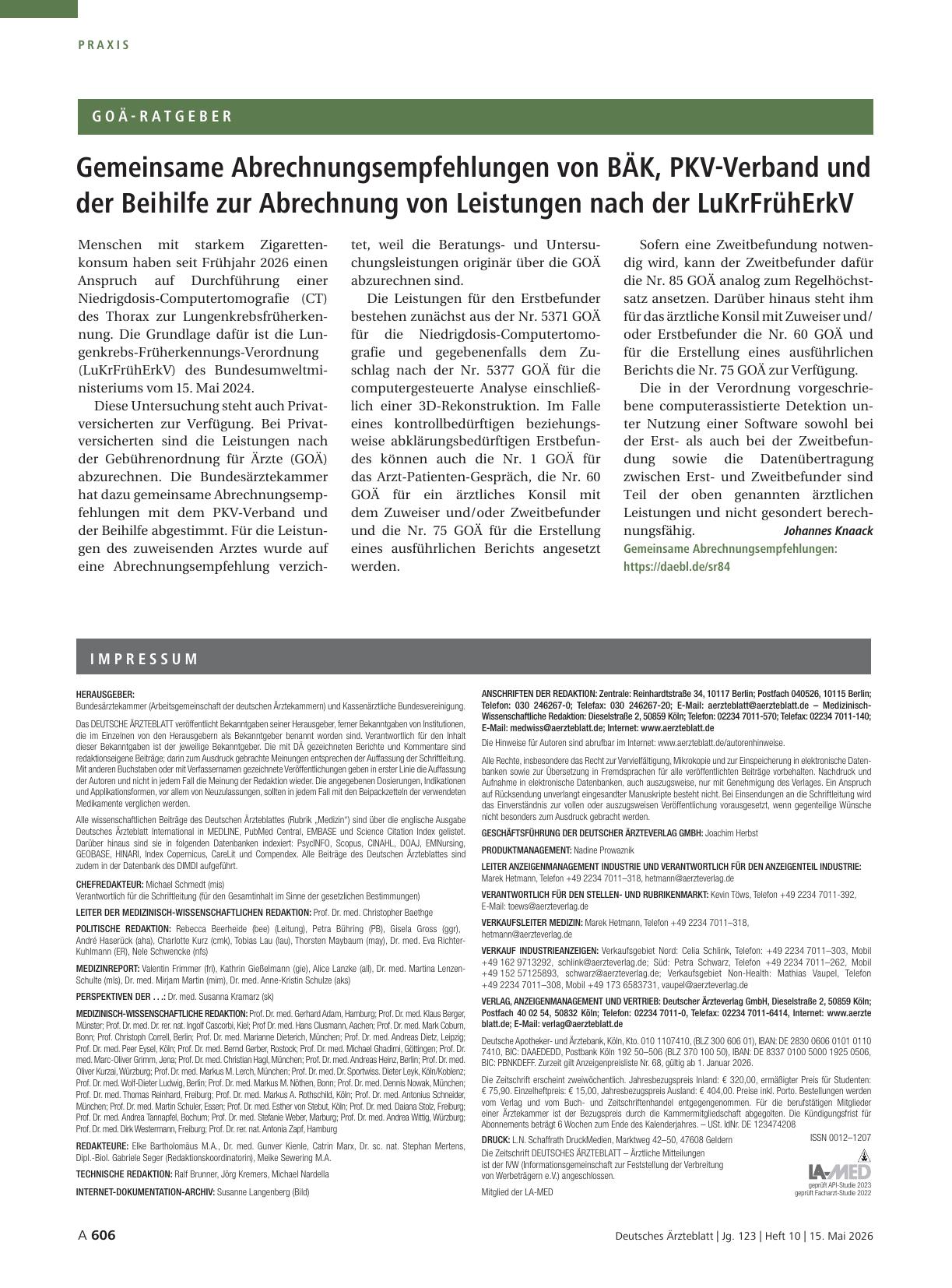 Vorschauseite 1: Gemeinsame Abrechnungsempfehlungen von BÄK, PKV-Verband und der Beihilfe zur Abrechnung von Leistungen nach der LuKrFrühErkV