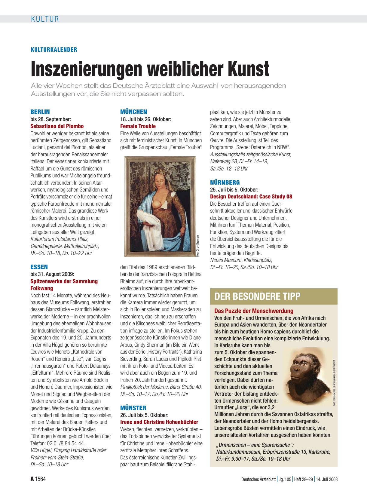 Vorschauseite 1: Kulturkalender: Inszenierungen weiblicher Kunst