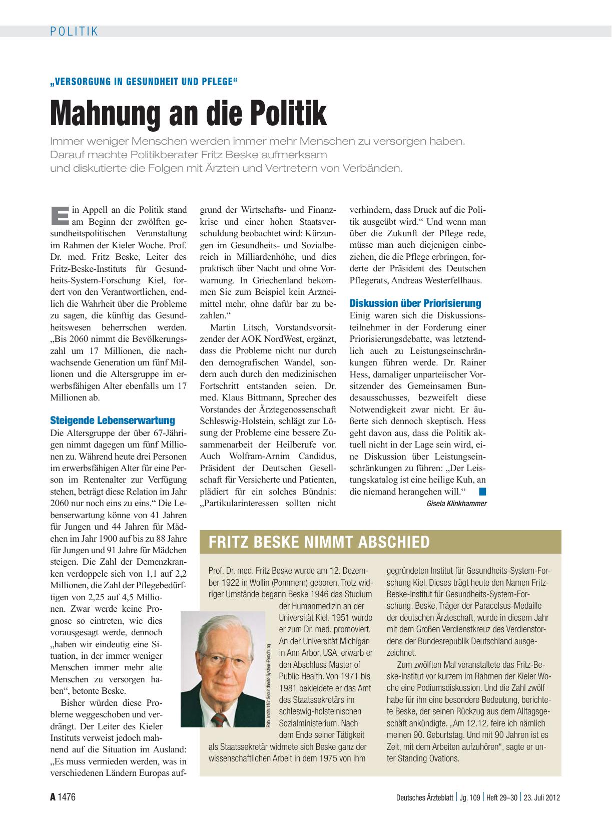 Vorschauseite 1: „Versorgung in Gesundheit und Pflege“: Mahnung an die Politik