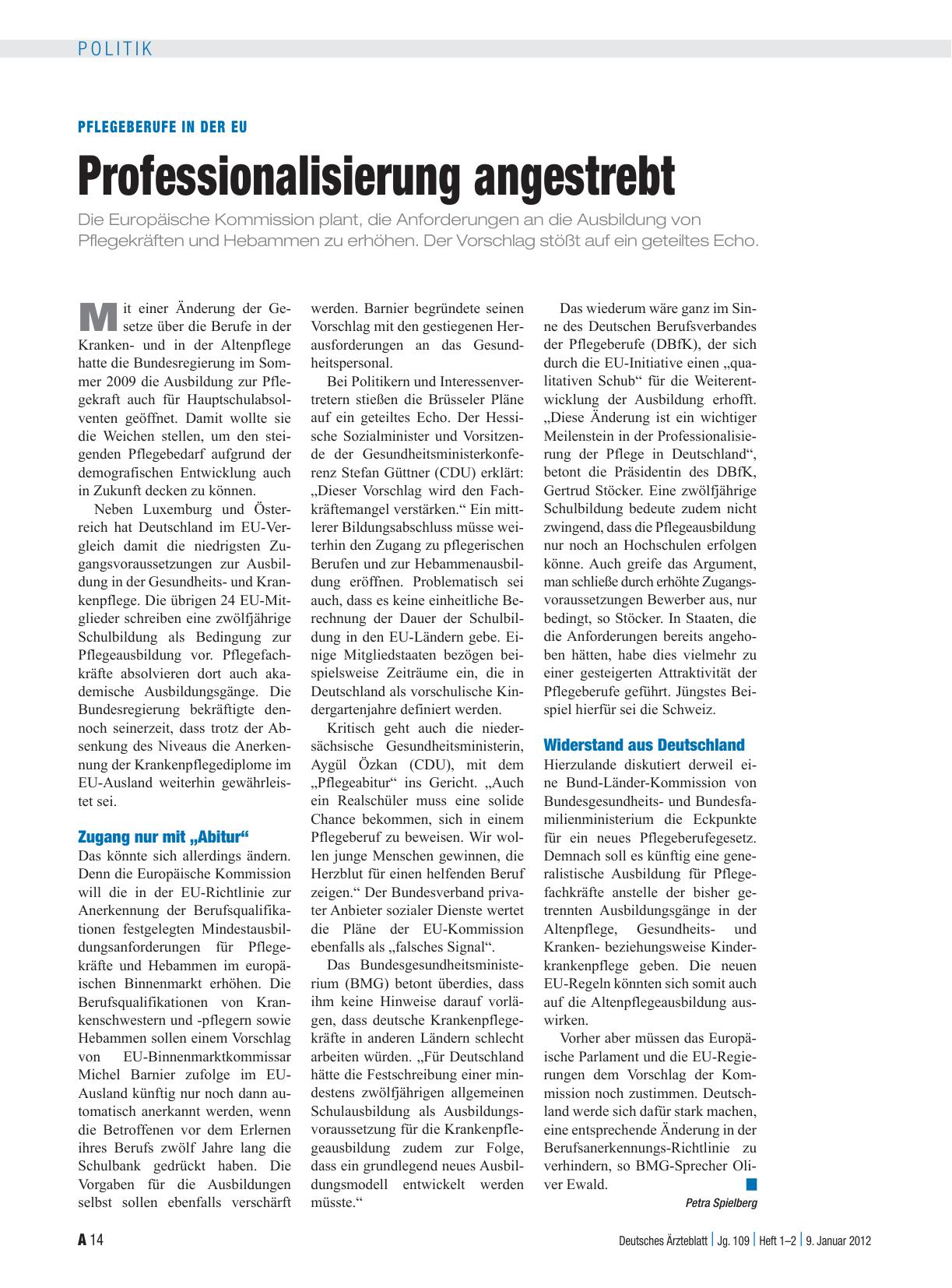 Vorschauseite 1: Pflegeberufe in der EU: Professionalisierung angestrebt