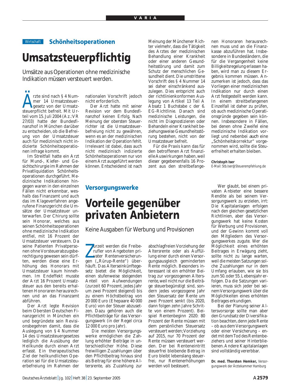 Vorschauseite 1: Schönheitsoperationen: Umsatzsteuerpflichtig