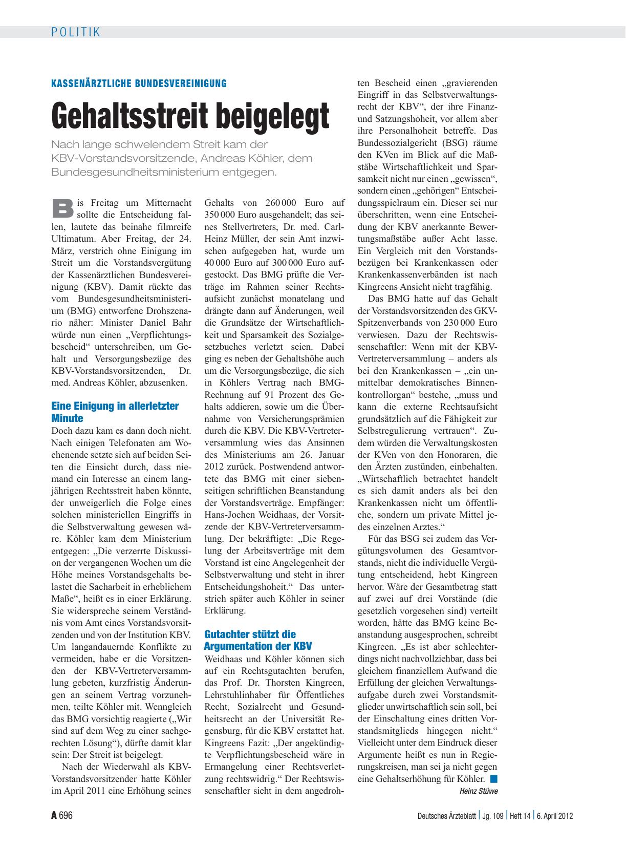 Vorschauseite 1: Kassenärztliche Bundesvereinigung: Gehaltsstreit beigelegt