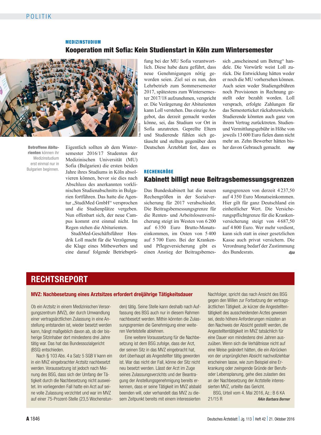 Vorschauseite 1: MVZ: Nachbesetzung eines Arztsitzes erfordert dreijährige Tätigkeitsdauer