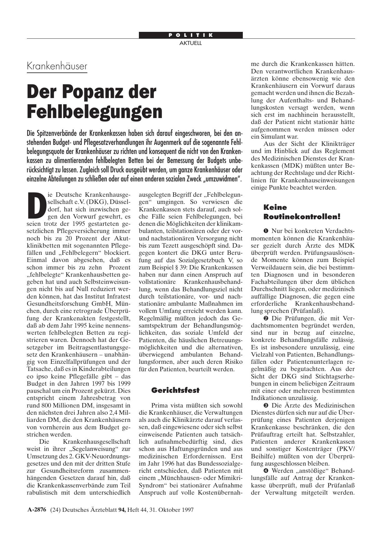Vorschauseite 1: Krankenhäuser: Der Popanz der Fehlbelegungen