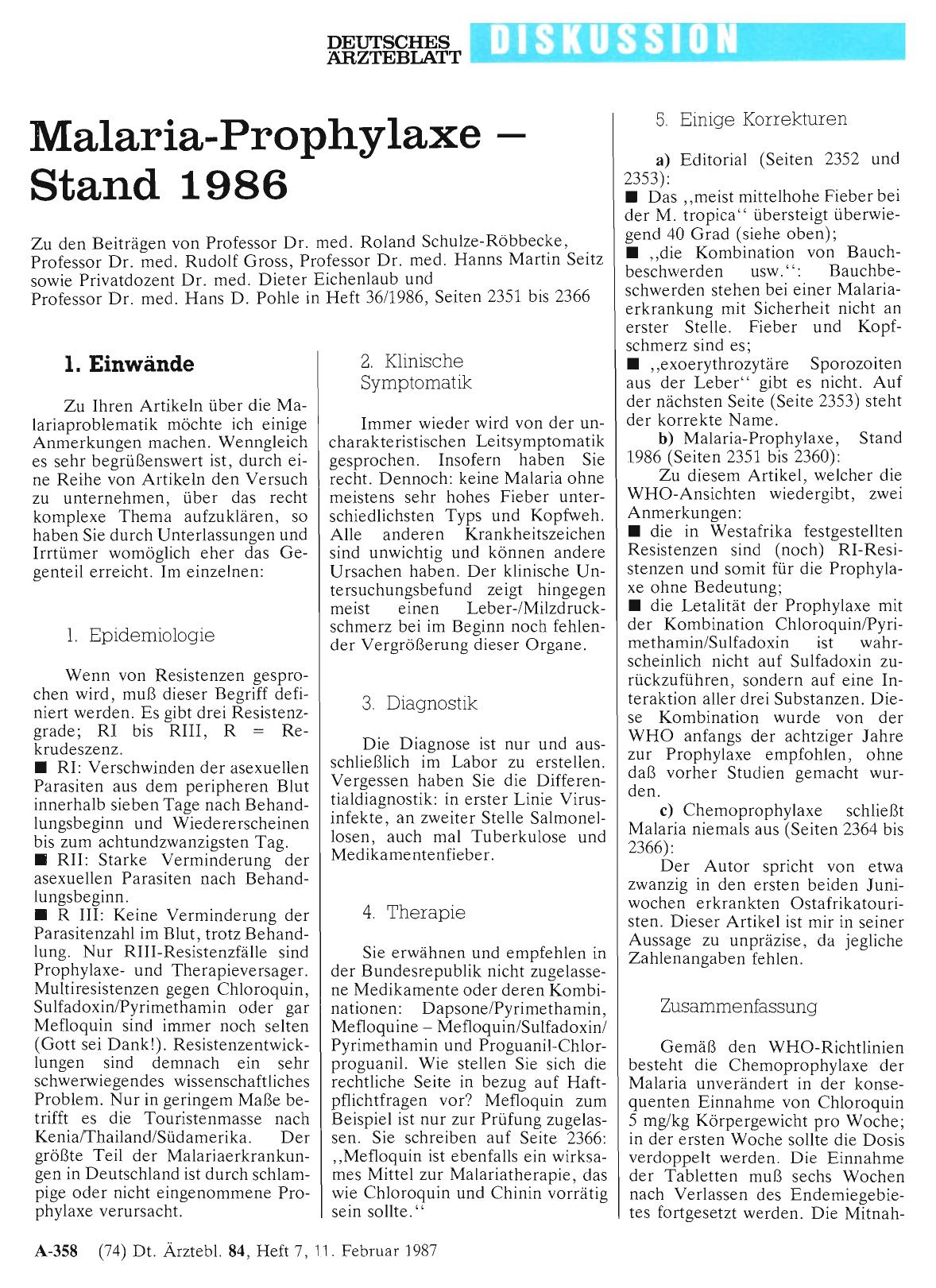 Vorschauseite 1: Malaria-Prophylaxe - Stand 1986: 1. Einwände