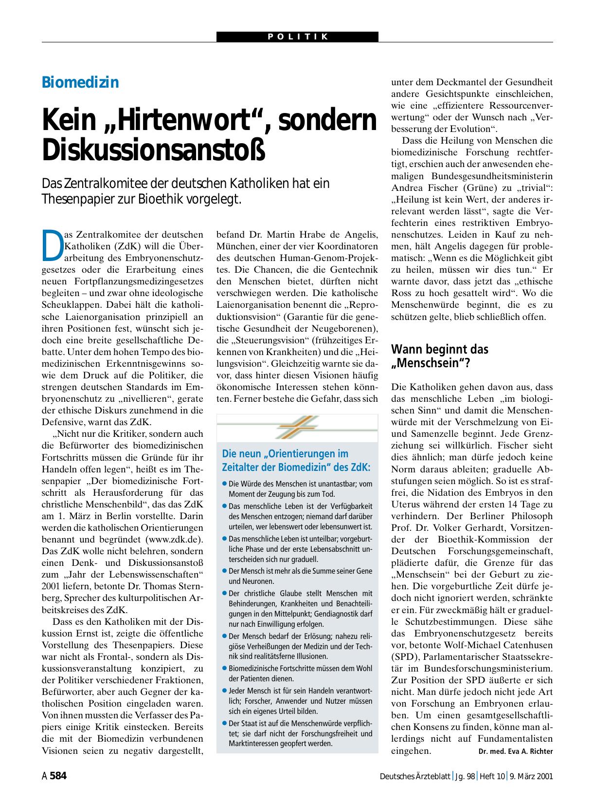Vorschauseite 1: Biomedizin: Kein „Hirtenwort“, sondern Diskussionsanstoß