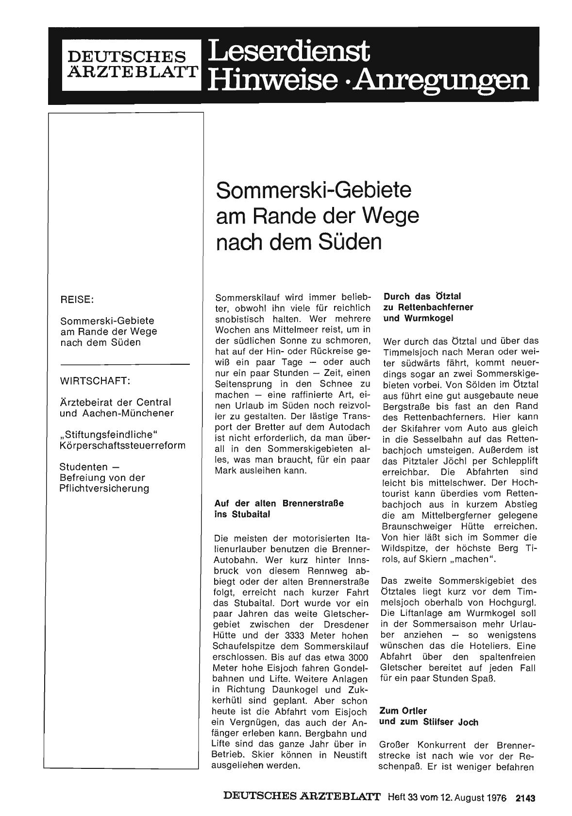 Vorschauseite 1: Sommerski-Gebiete am Rande der Wege nach dem Süden