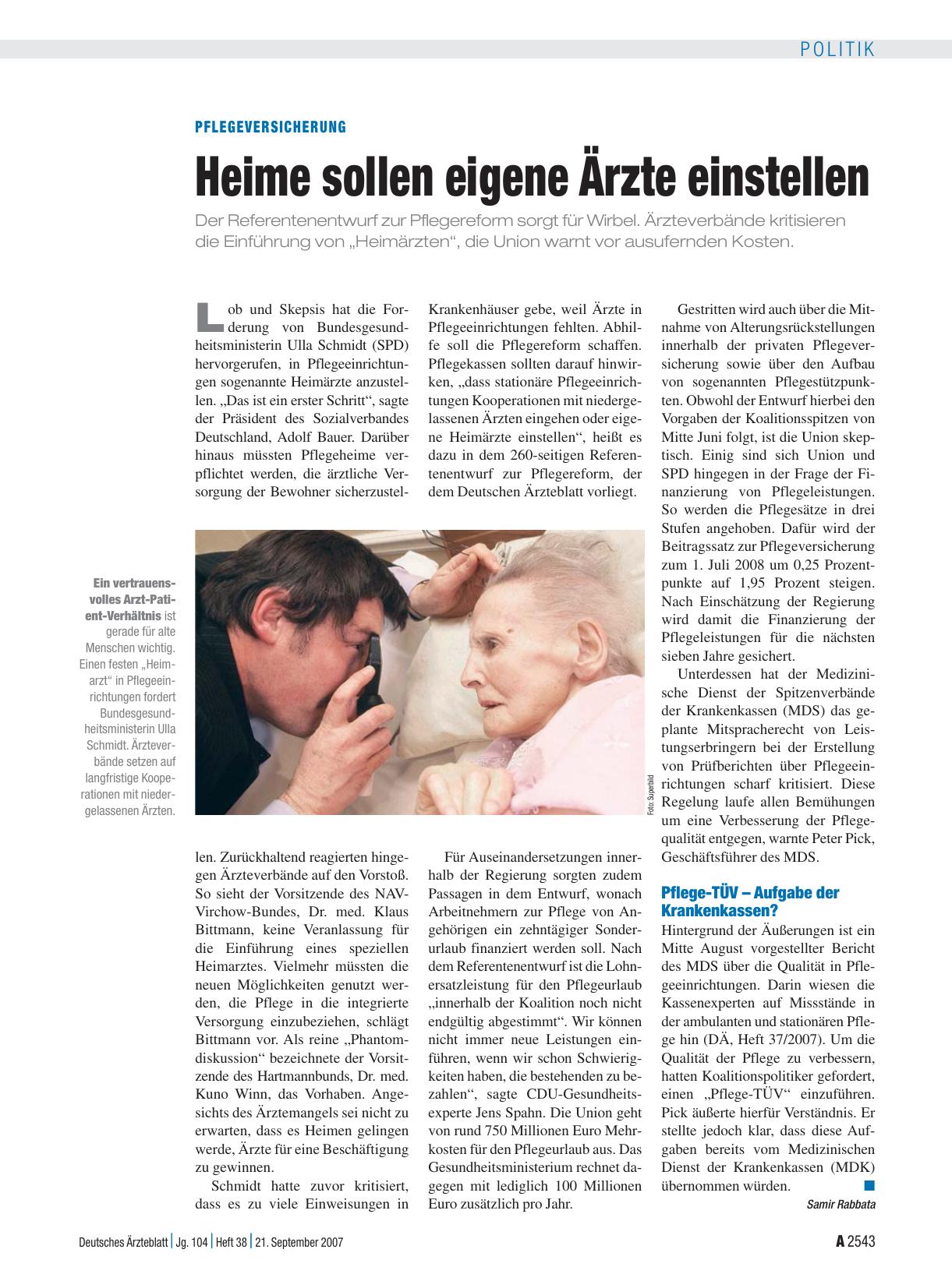 Vorschauseite 1: Pflegeversicherung: Heime sollen eigene Ärzte einstellen