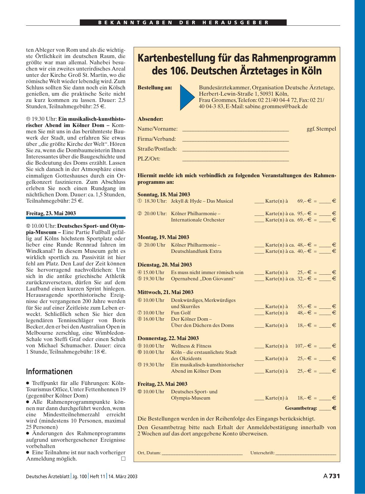 Vorschauseite 1: Kartenbestellung für das Rahmenprogramm des 106. Deutschen Ärztetages in Köln