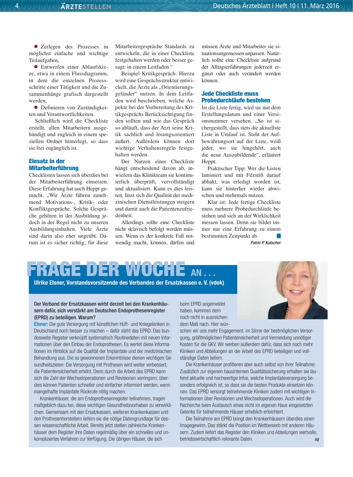 Vorschauseite 1: Frage der Woche an. .. Ulrike Elsner, Vorstandsvorsitzende des Verbandes der Ersatzkassen e. V. (vdek)