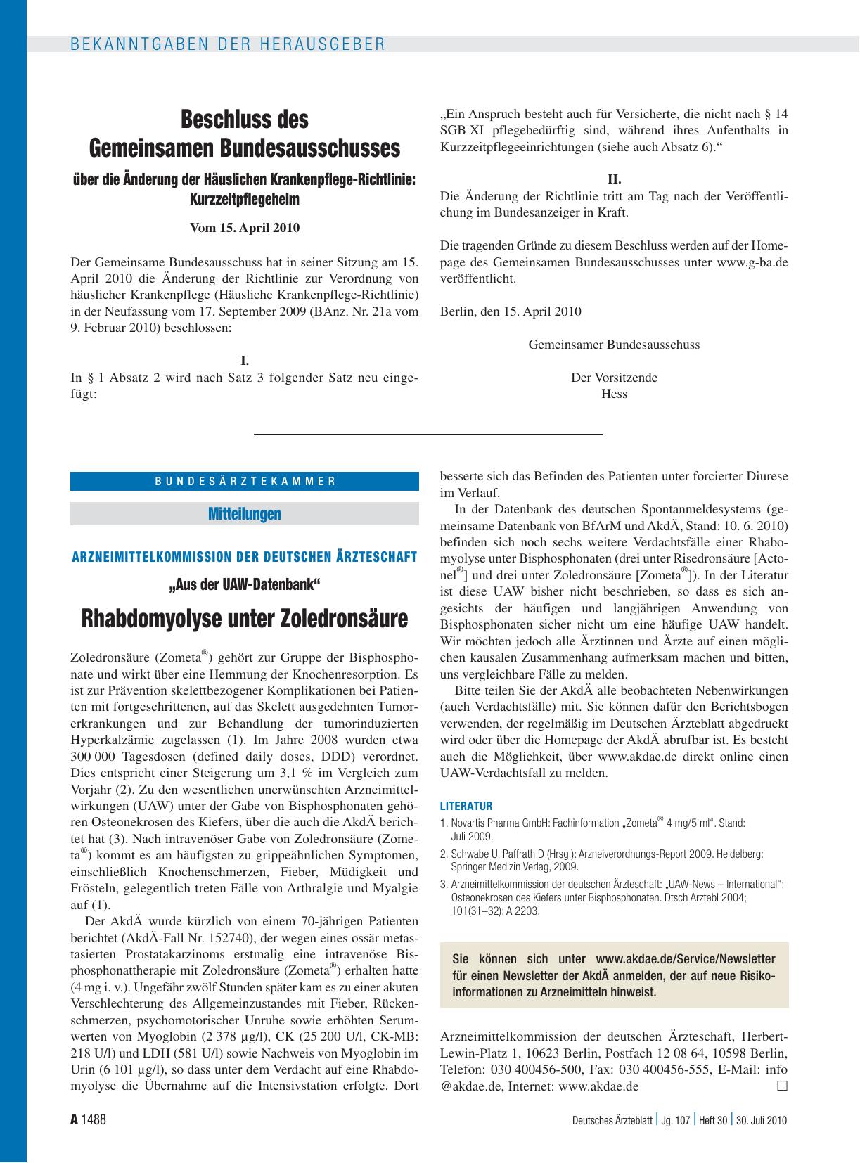 Vorschauseite 1: Beschluss des Gemeinsamen Bundesausschusses über die Änderung der Häuslichen Krankenpflege-Richtlinie: Kurzzeitpflegeheim