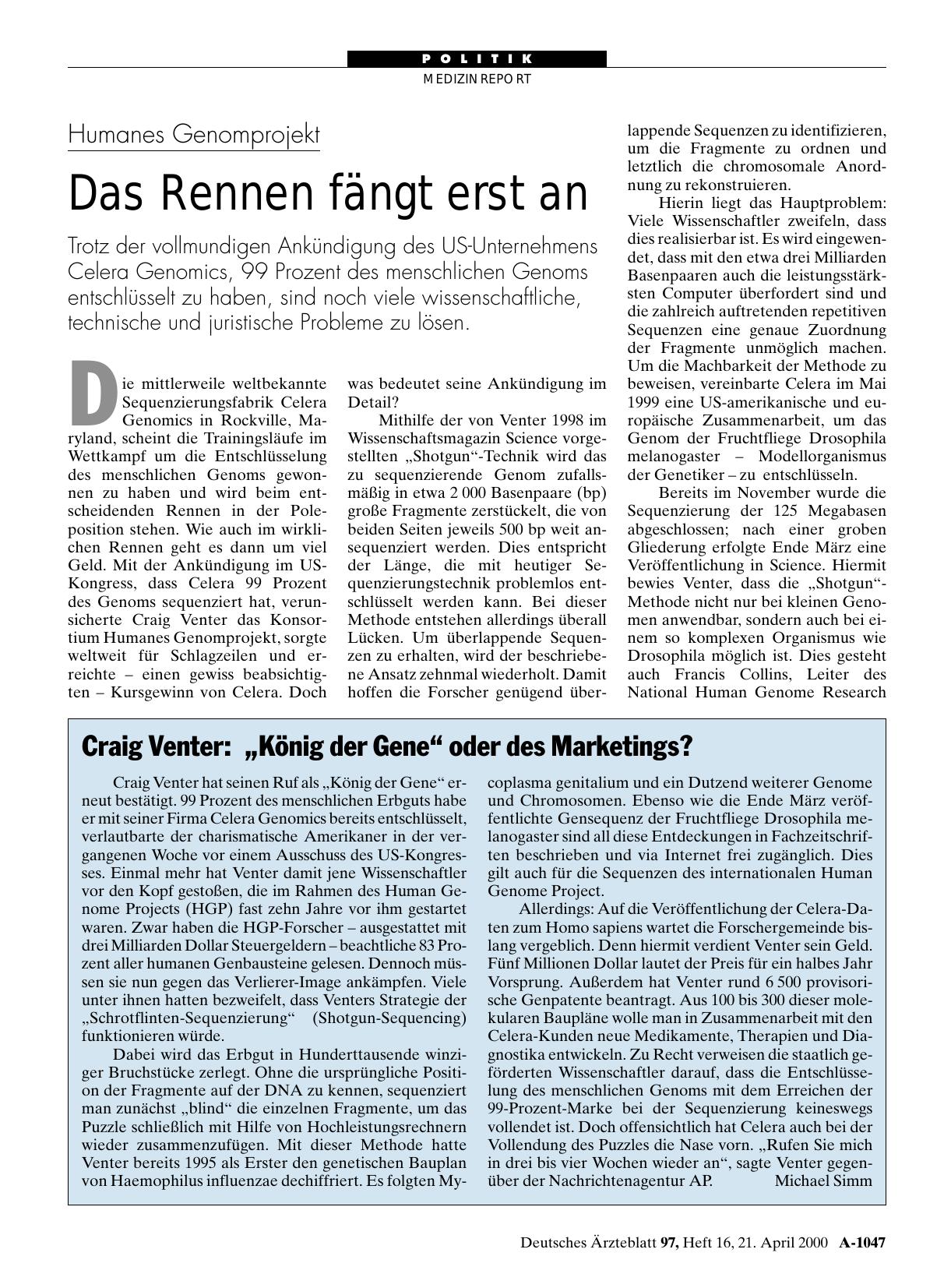 Vorschauseite 1: Humanes Genomprojekt: Das Rennen fängt erst an