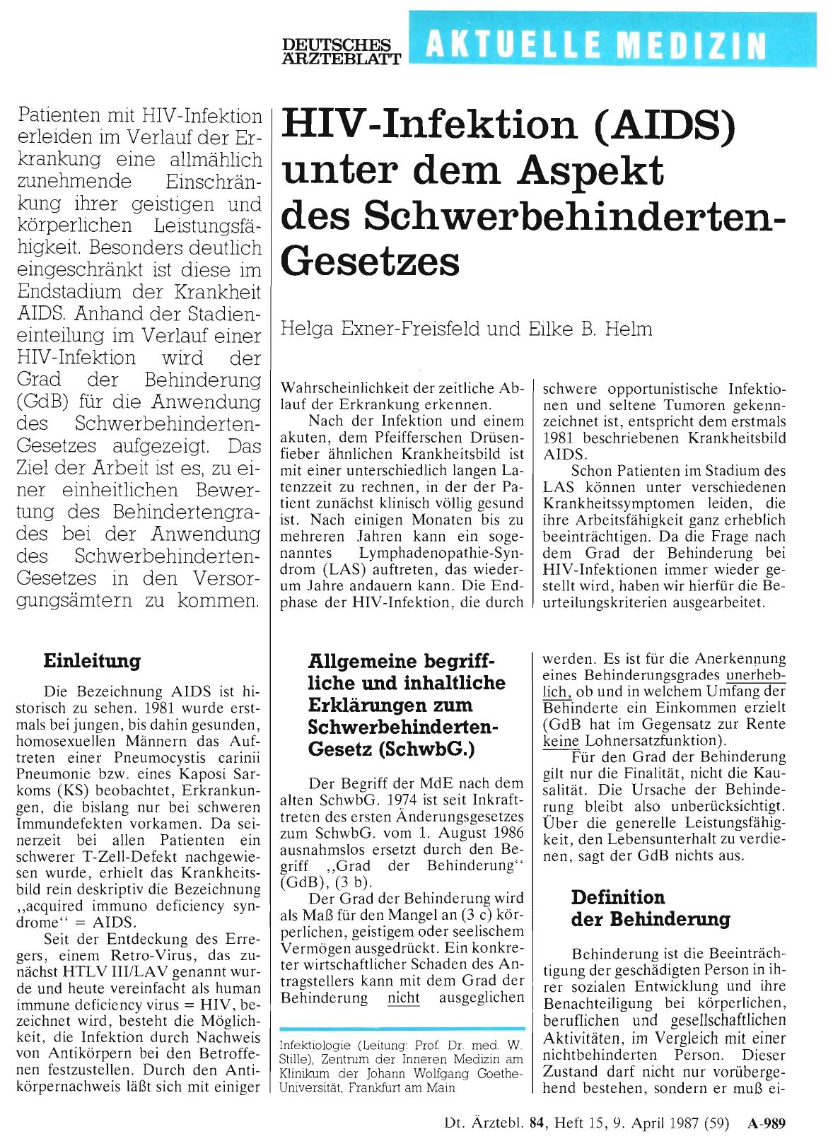 Vorschauseite 1: HIV-Infektion (AIDS) unter dem Aspekt des Schwerbehinderten-Gesetzes