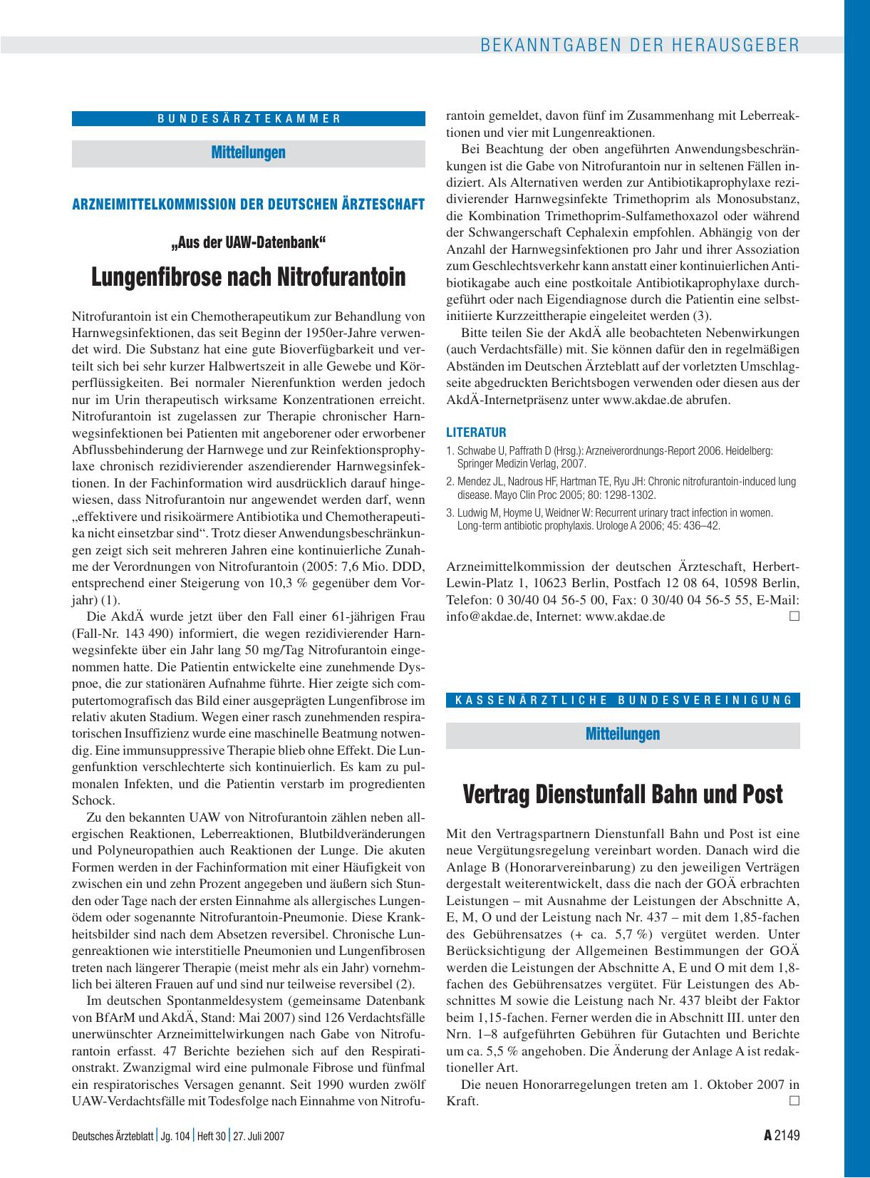 Vorschauseite 1: Mitteilungen „Aus der UAW-Datenbank“: Lungenfibrose nach Nitrofurantoin