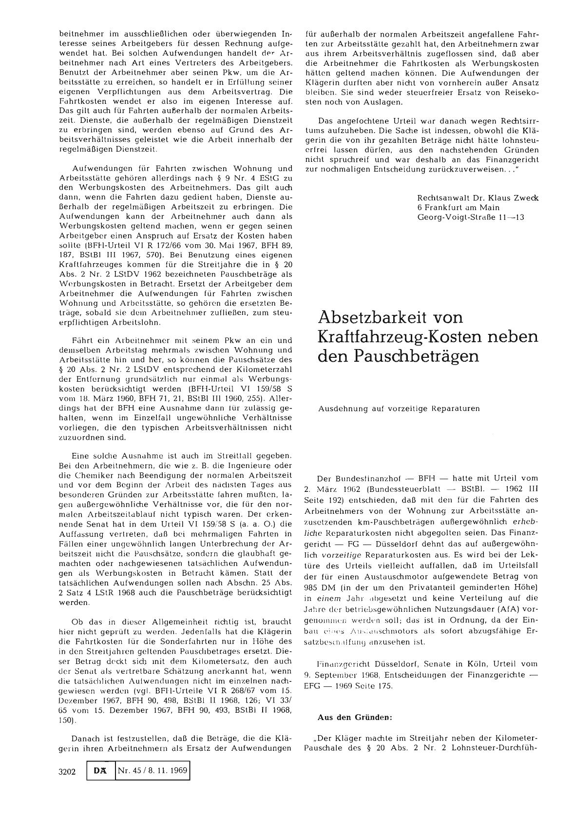 Vorschauseite 1: Absetzbarkeit von Kraftfahrzeug-Kosten neben den Pauschbeträgen