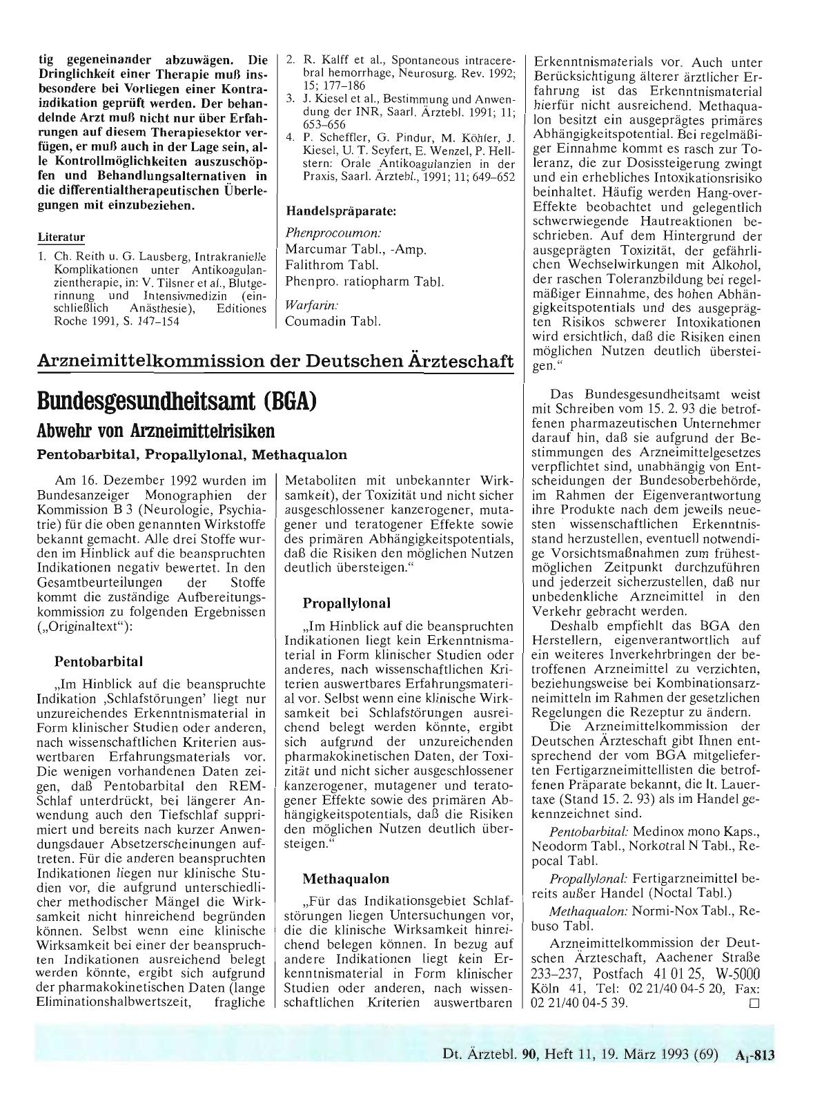 Vorschauseite 1: Bundesgesundheitsamt (BGA): Abwehr von Arzneimittelrisiken