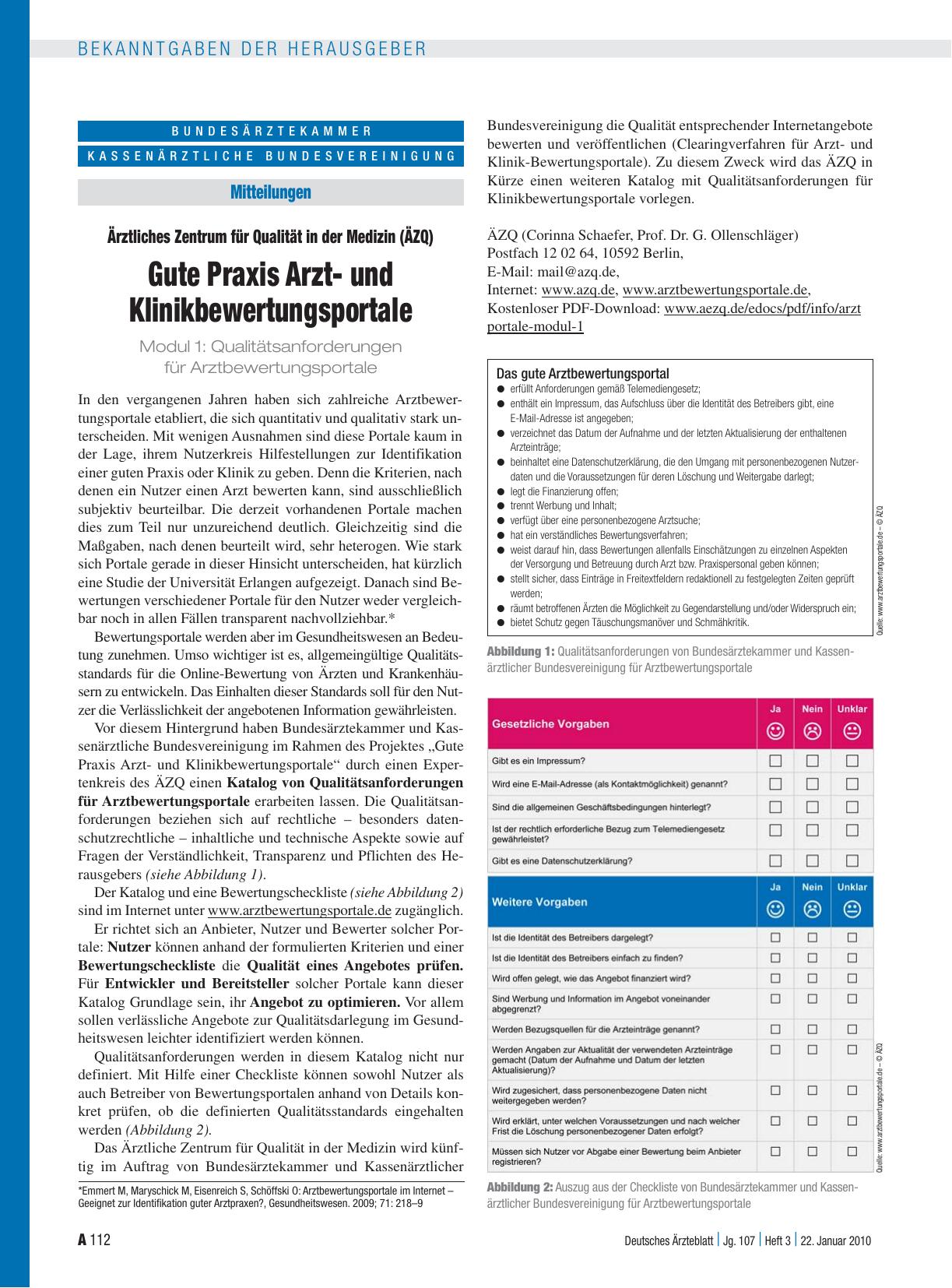 Vorschauseite 1: Mitteilungen: Ärztliches Zentrum für Qualität in der Medizin (ÄZQ) Gute Praxis Arztund Klinikbewertungsportale