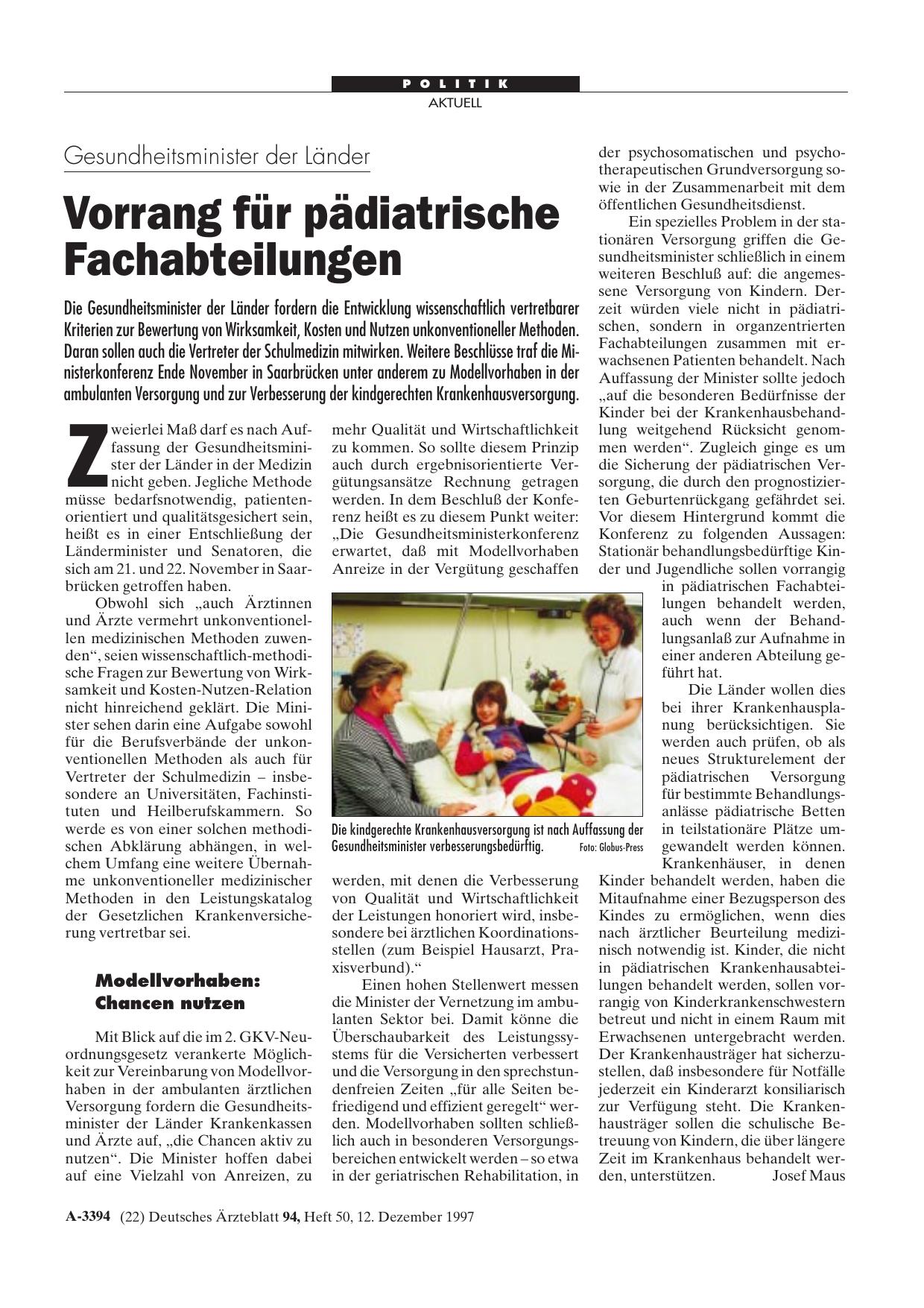 Vorschauseite 1: Gesundheitsminister der Länder: Vorrang für pädiatrische Fachabteilungen