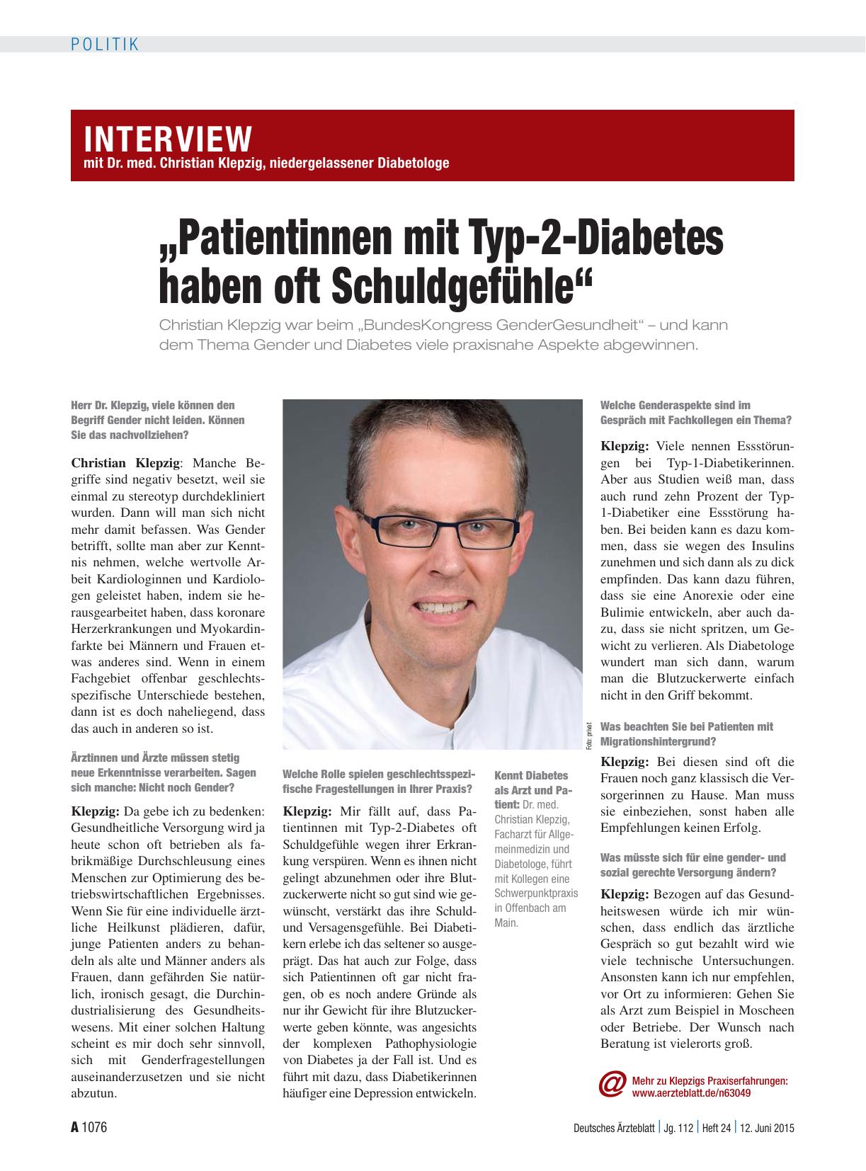 Vorschauseite 1: Interview mit Dr. med. Christian Klepzig, niedergelassener Diabetologe: „Patientinnen mit Typ-2-Diabetes haben oft Schuldgefühle“