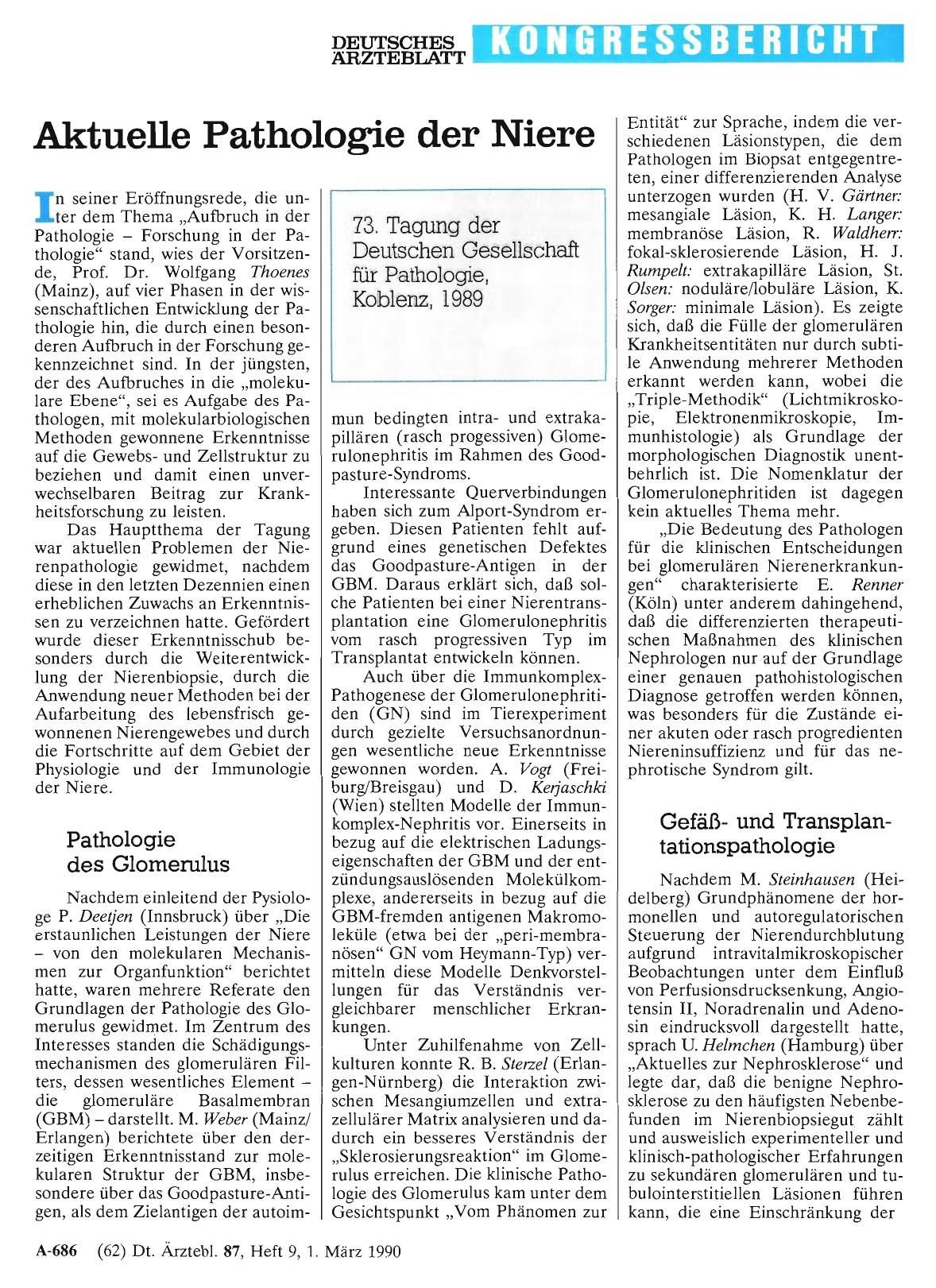 Vorschauseite 1: Aktuelle Pathologie der Niere: 73. Tagung der Deutschen Gesellschaft für Pathologie, Koblenz, 1989