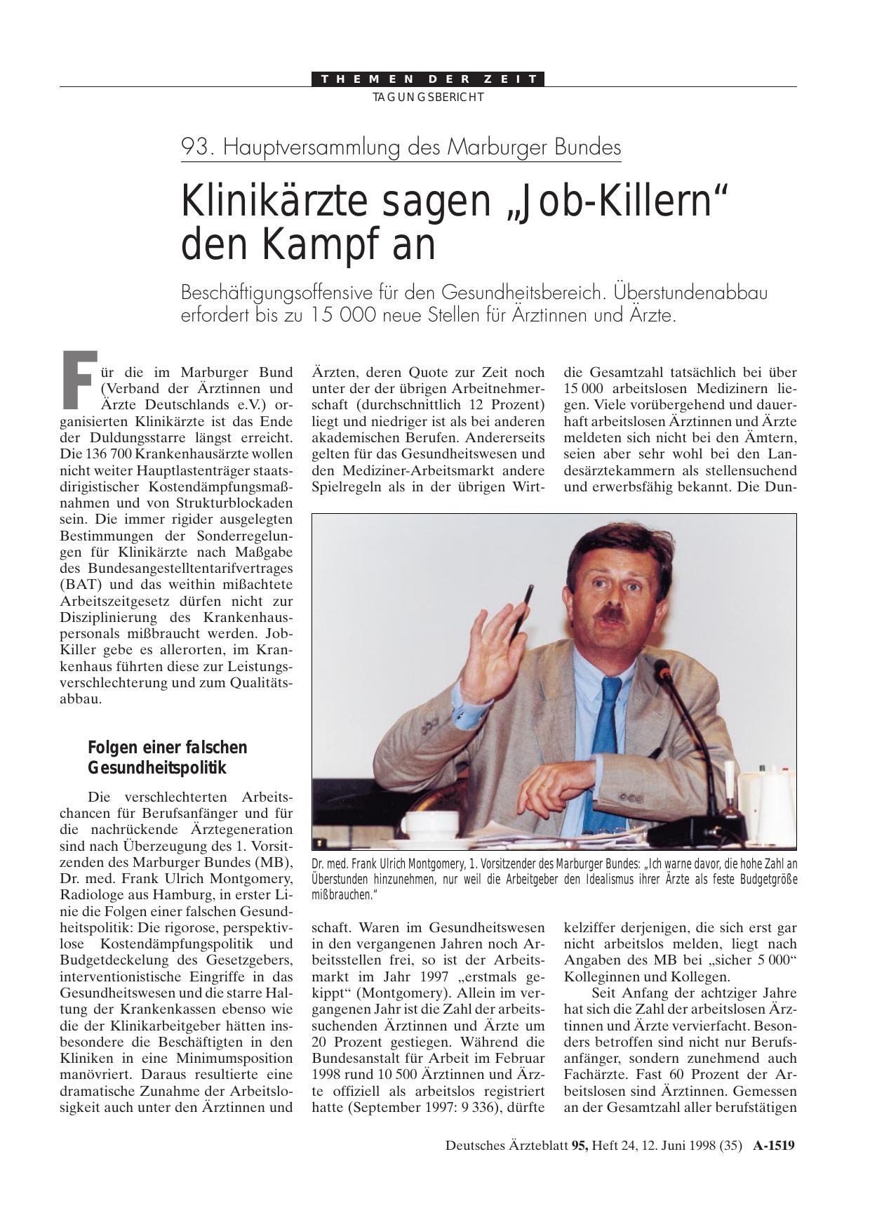 Vorschauseite 1: 93. Hauptversammlung des Marburger Bundes: Klinikärzte sagen „Job-Killern“ den Kampf an