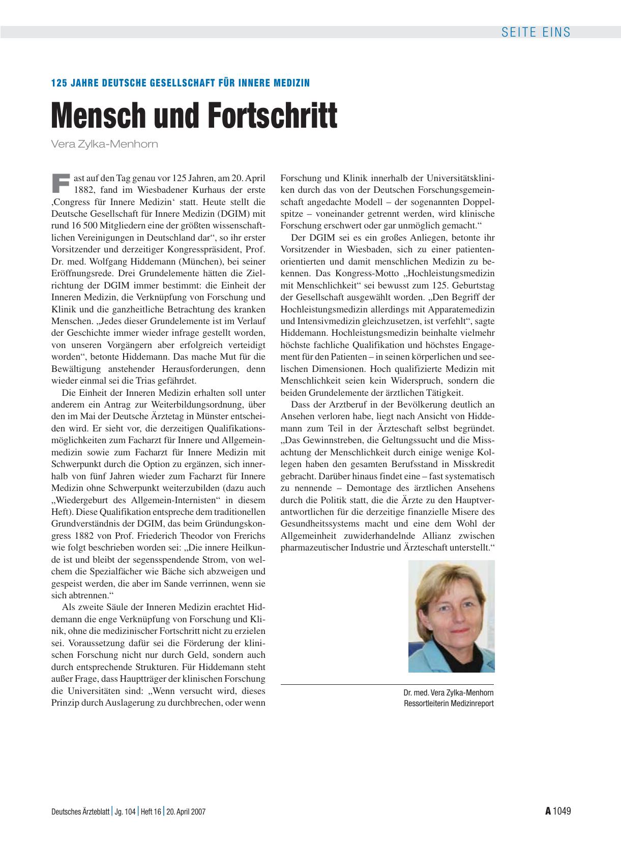 Vorschauseite 1: 125 Jahre Deutsche Gesellschaft für Innere Medizin: Mensch und Fortschritt