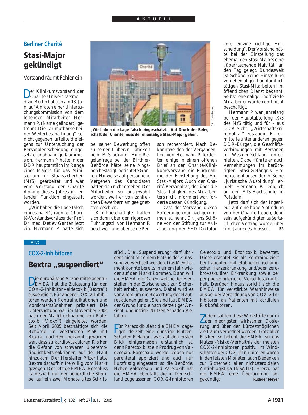 Vorschauseite 1: COX-2-Inhibitoren: Bextra „suspendiert“