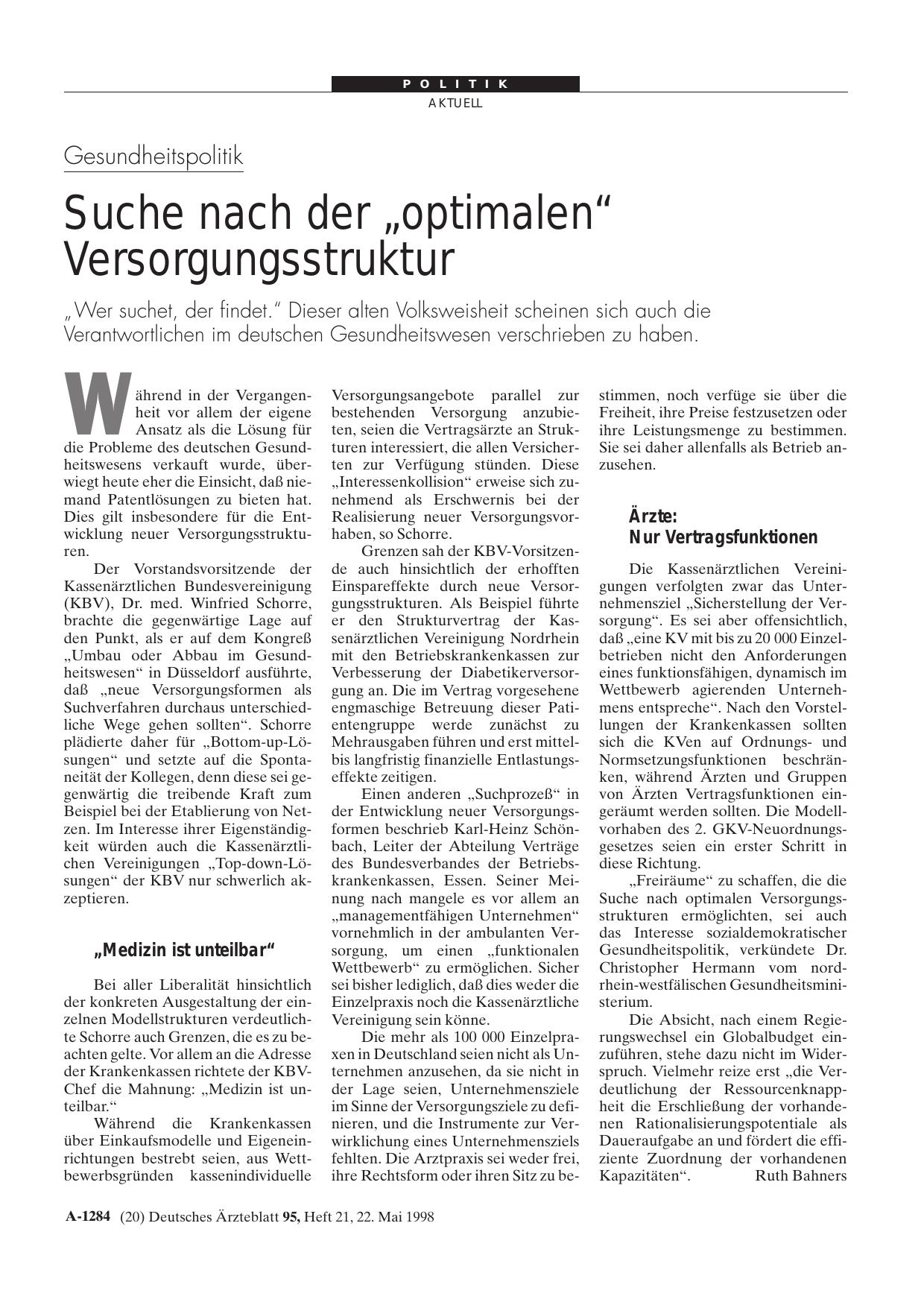 Vorschauseite 1: Gesundheitspolitik: Suche nach der „optimalen“ Versorgungsstruktur