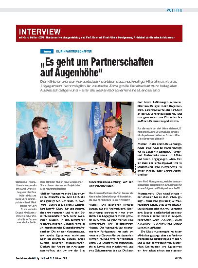 Vorschauseite 1: Klinikpartnerschaften: Interview mit Gerd Müller (CSU), Bundesentwicklungsminister und Prof. Dr. med. Frank Ulrich Montgomery, Präsident der Bundesärztekammer – „Es geht um Partne…