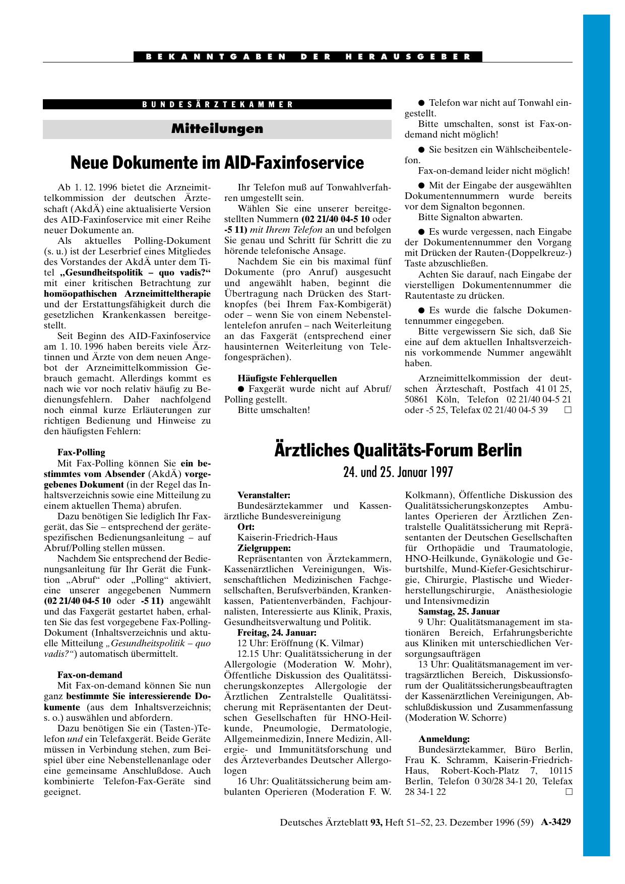 Vorschauseite 1: Ärztliches Qualitäts-Forum Berlin: 24. und 25. Januar 1997