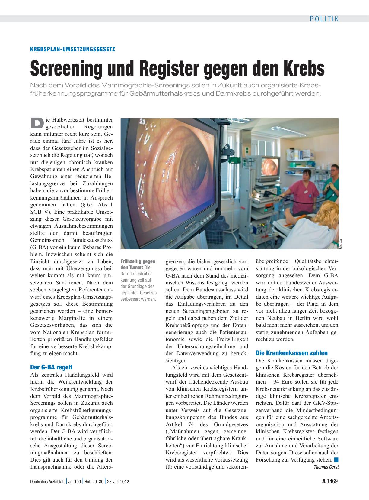 Vorschauseite 1: Krebsplan-Umsetzungsgesetz: Screening und Register gegen den Krebs
