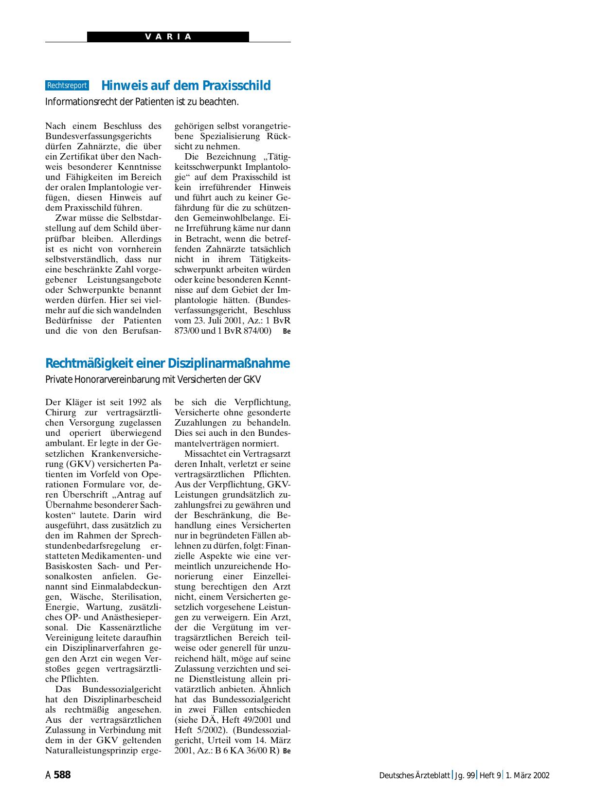 Vorschauseite 1: Hinweis auf dem Praxisschild: Informationsrecht der Patienten ist zu beachten