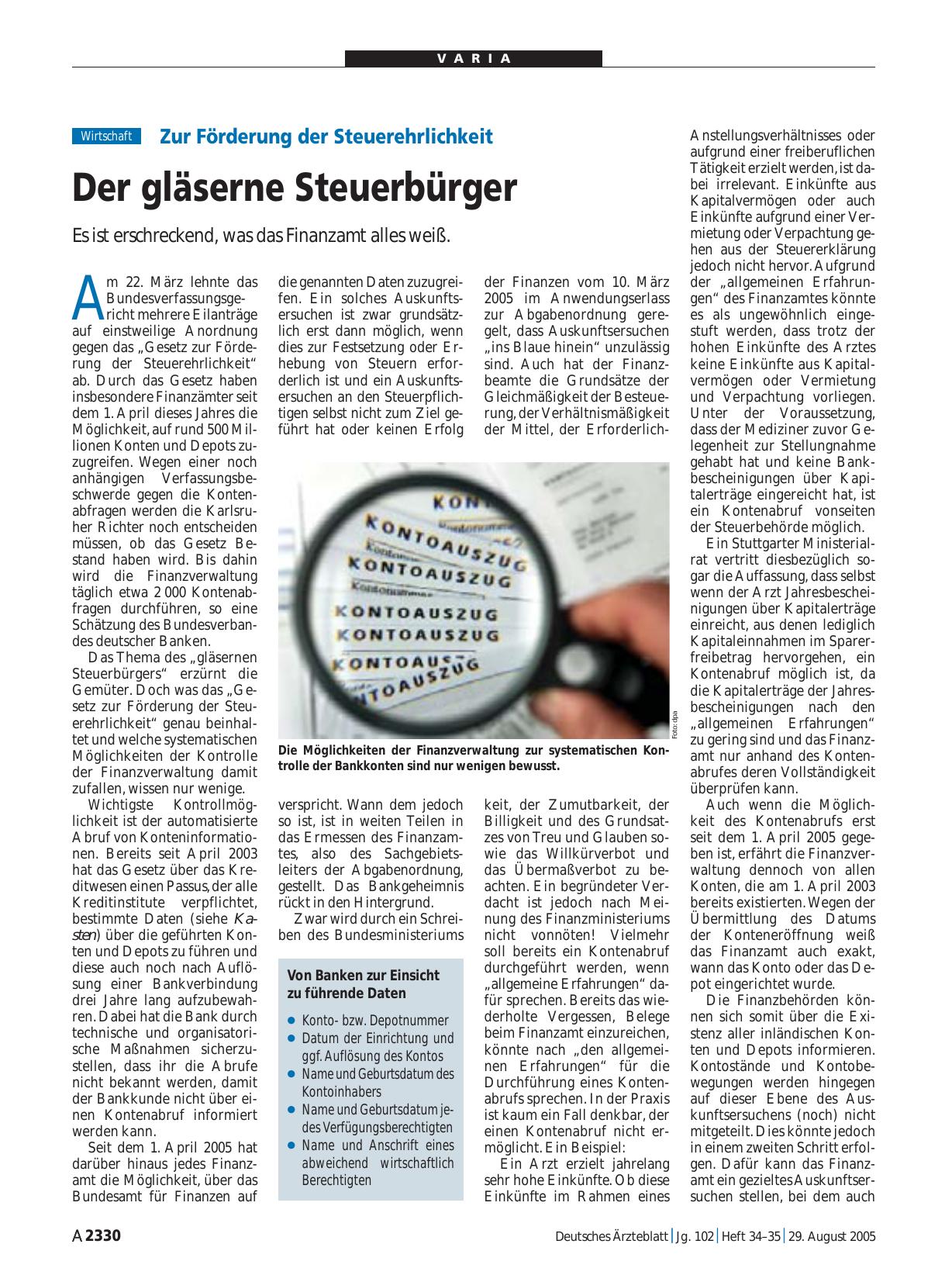 Vorschauseite 1: Zur Förderung der Steuerehrlichkeit: Der gläserne Steuerbürger