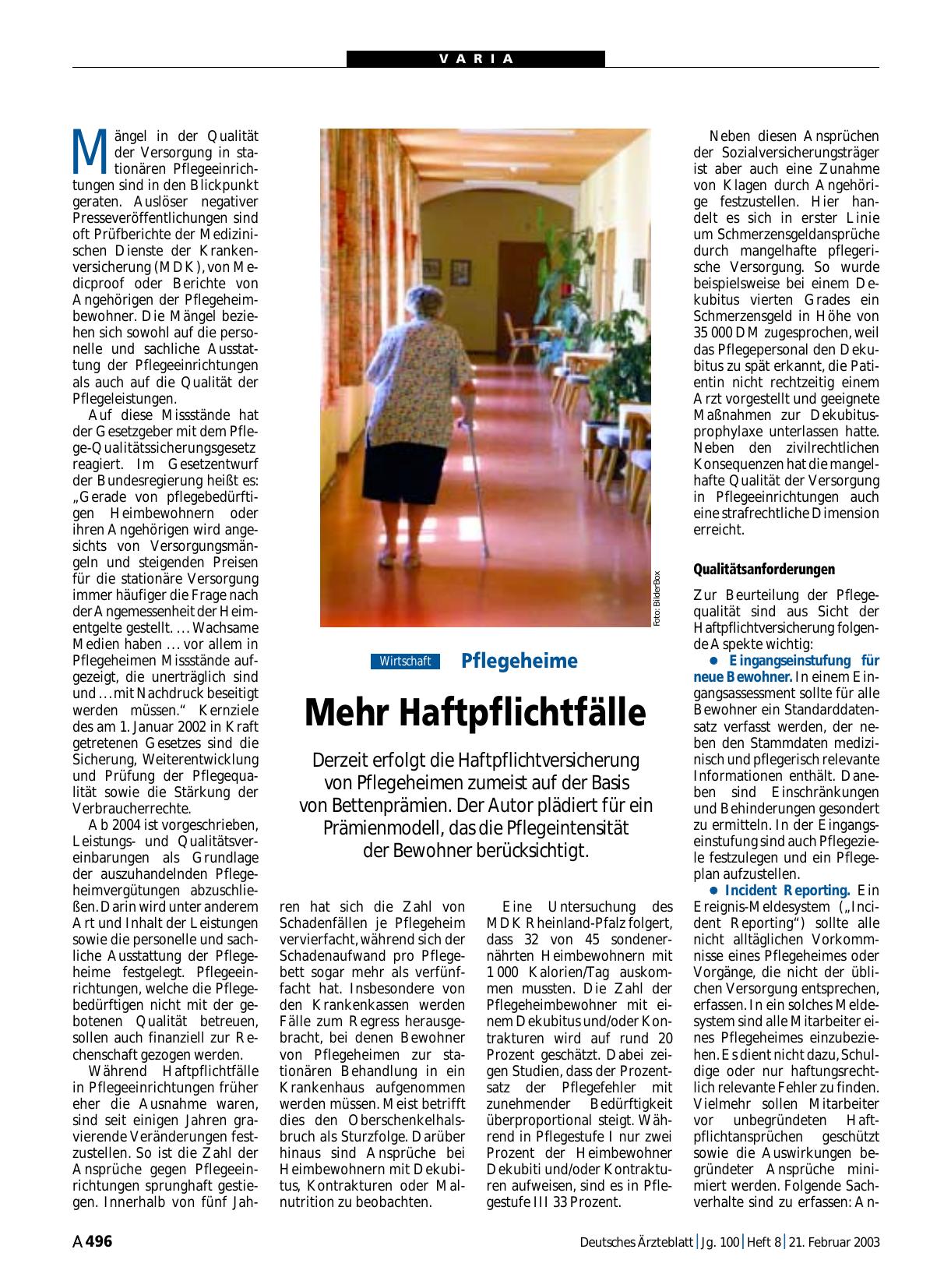 Vorschauseite 1: Pflegeheime: Mehr Haftpflichtfälle