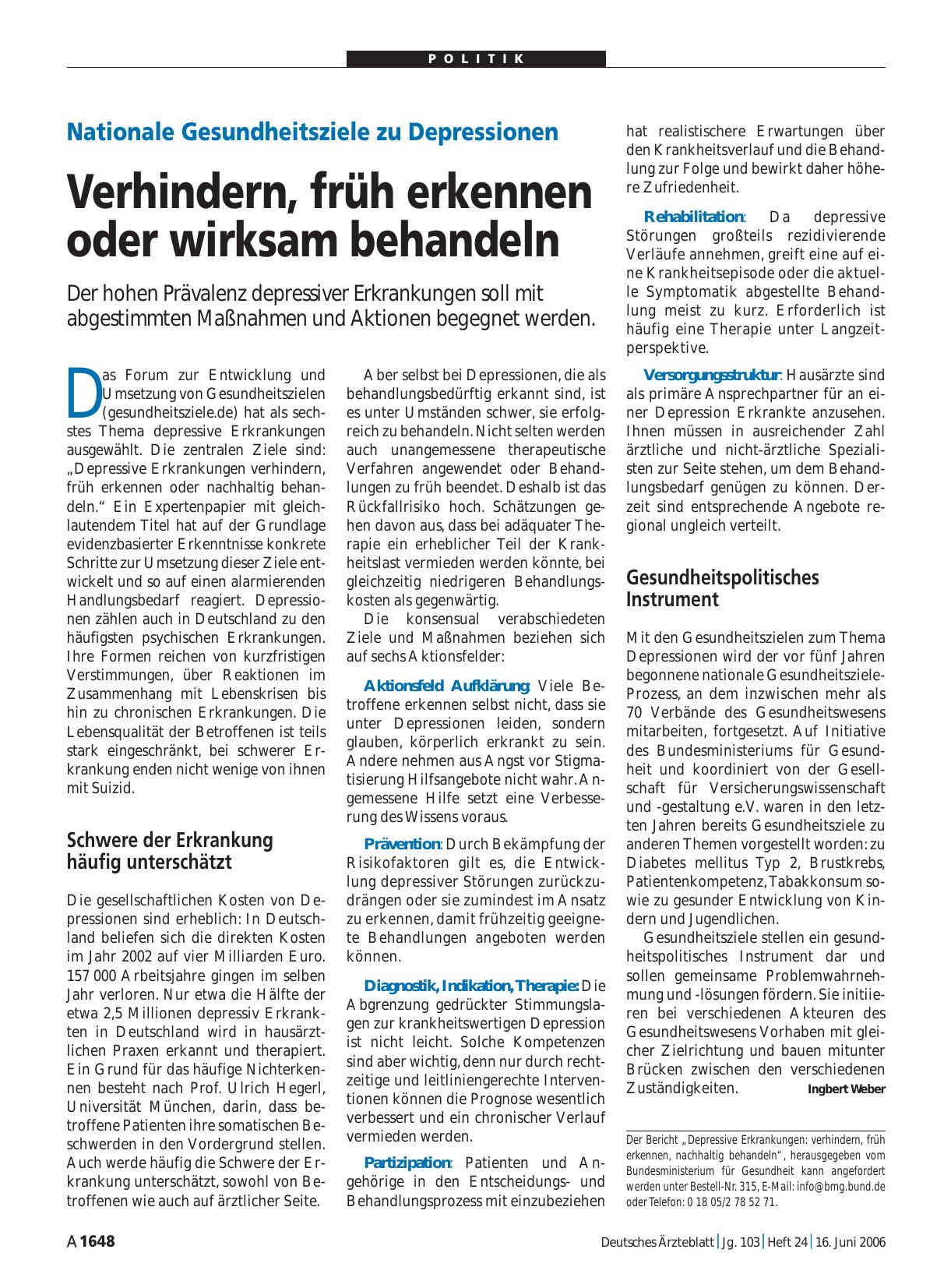 Vorschauseite 1: Nationale Gesundheitsziele zu Depressionen: Verhindern, früh erkennen oder wirksam behandeln