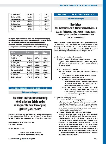 Vorschauseite 1: Beschluss des Gemeinsamen Bundesausschusses über eine Änderung der Kinder-Richtlinie: Neugeborenen-Screening auf 5q-assoziierte spinale Muskelatrophie