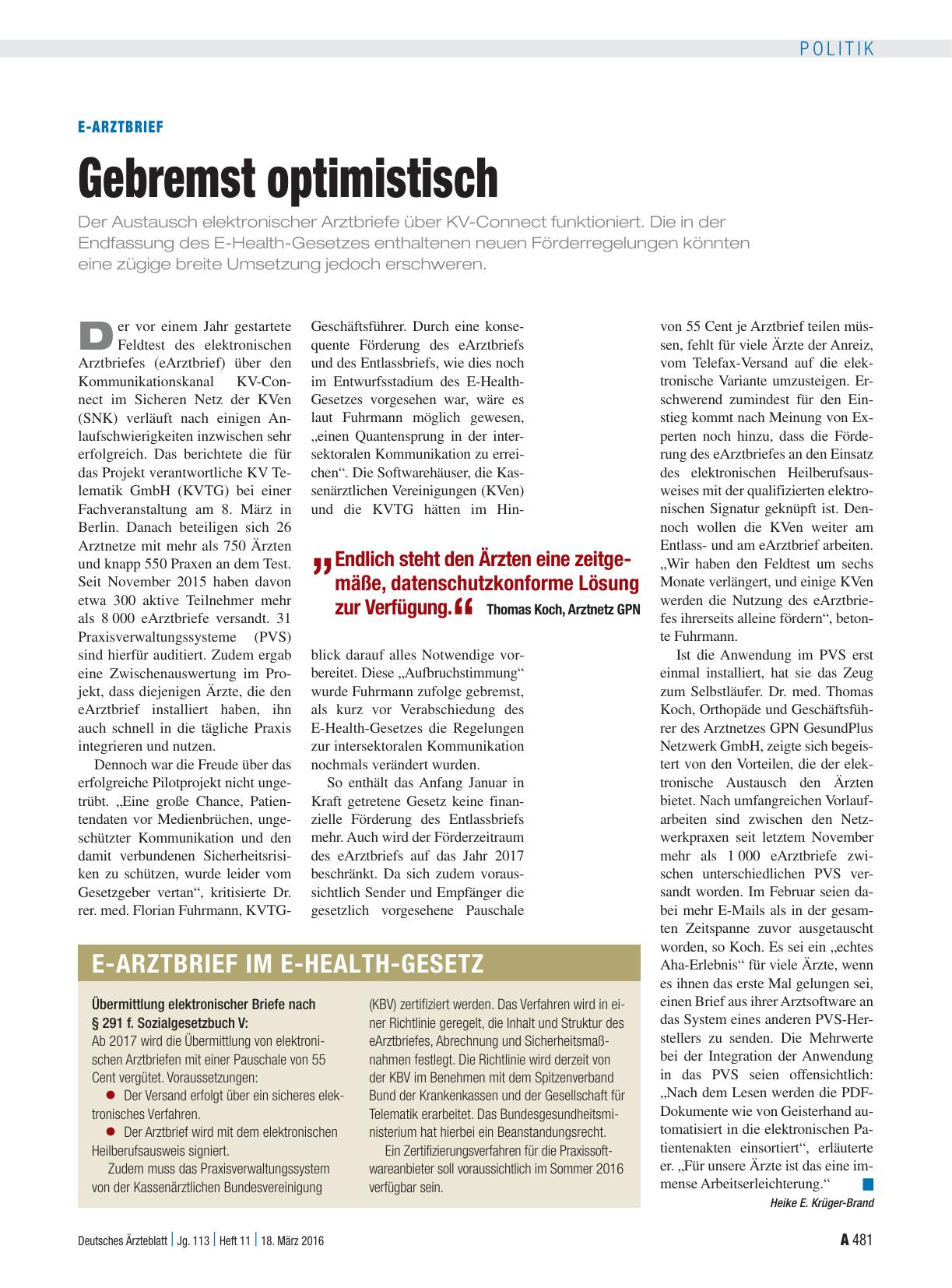 Vorschauseite 1: E-Arztbrief: Gebremst optimistisch