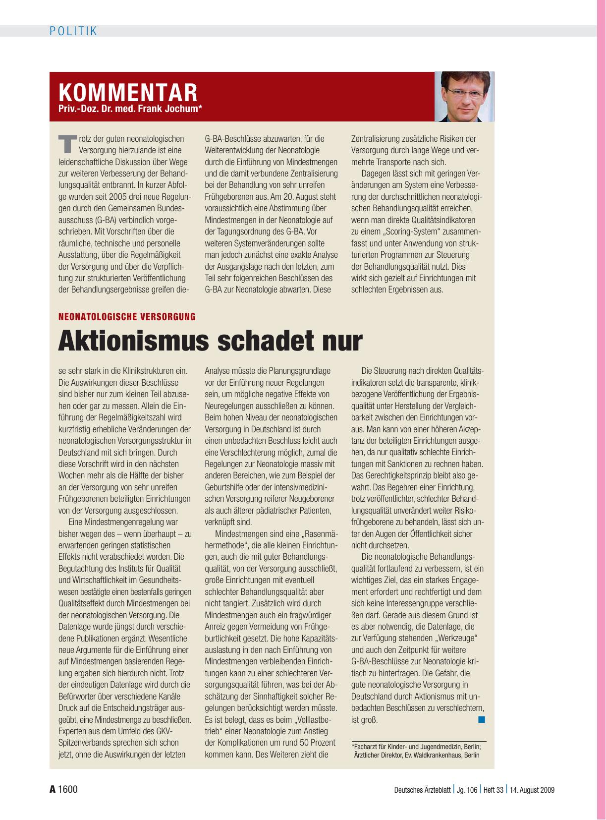 Vorschauseite 1: Neonatologische Versorgung: Aktionismus schadet nur