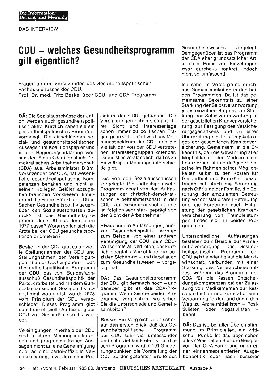Vorschauseite 1: CDU — welches Gesundheitsprogramm gilt eigentlich? Fragen an den Vorsitzenden des Gesundheitspolitischen Fachausschusses der CDU, Prof. Dr. med. Fritz Beske, über CDUund CDA-Progr…