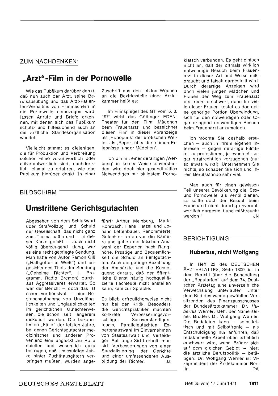 Vorschauseite 1: Zum Nachdenken: „Arzt"-Film in der Pornowelle