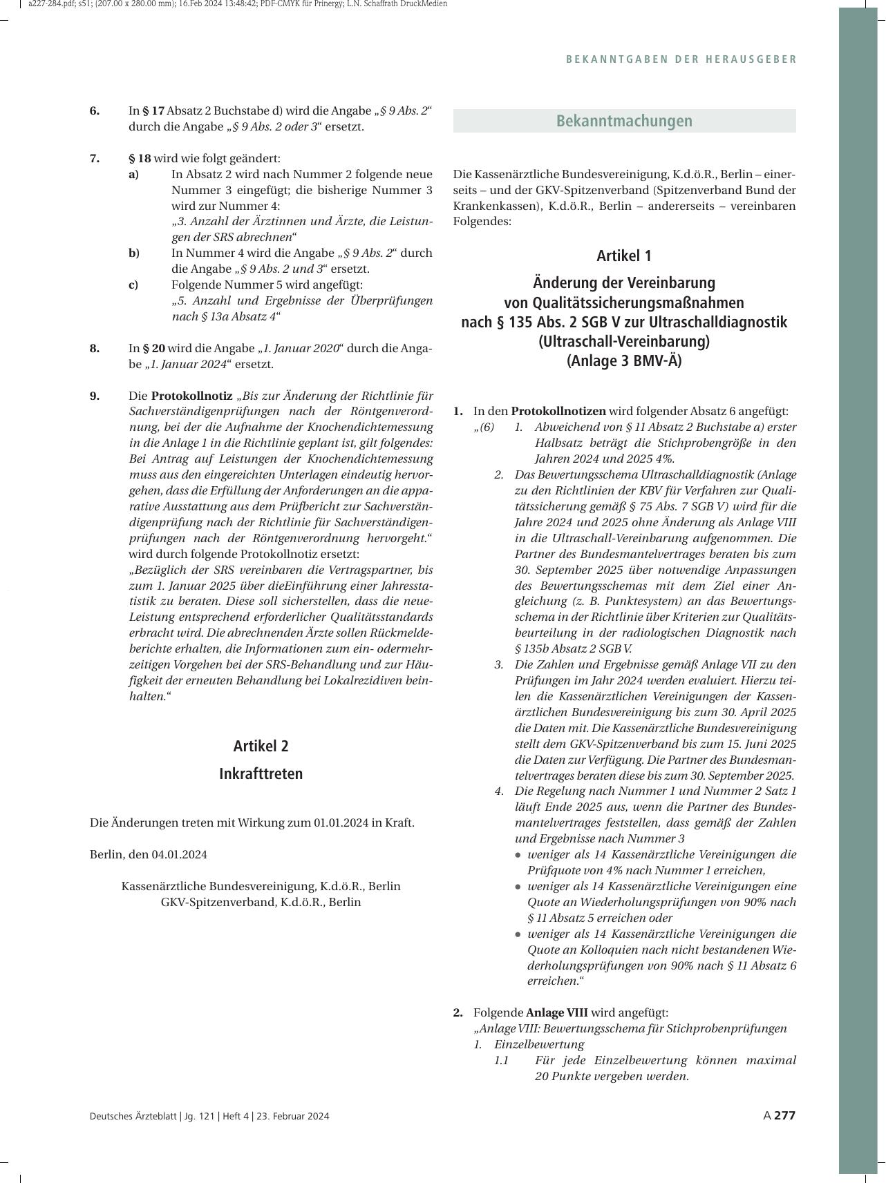 Vorschauseite 1: Änderung der Vereinbarung von Qualitätssicherungsmaßnahmen nach § 135 Abs. 2 SGB V zur Ultraschalldiagnostik (Ultraschall-Vereinbarung) (Anlage 3 BMV-Ä)