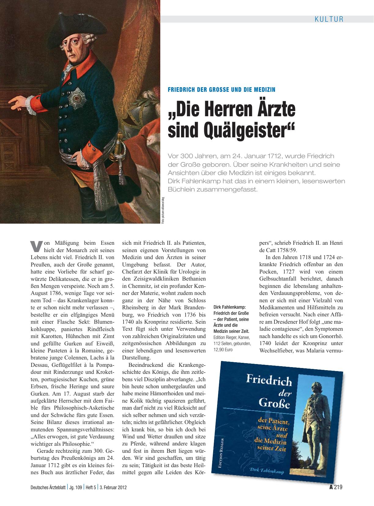 Vorschauseite 1: Friedrich der Grosse und die Medizin: „Die Herren Ärzte sind Quälgeister“