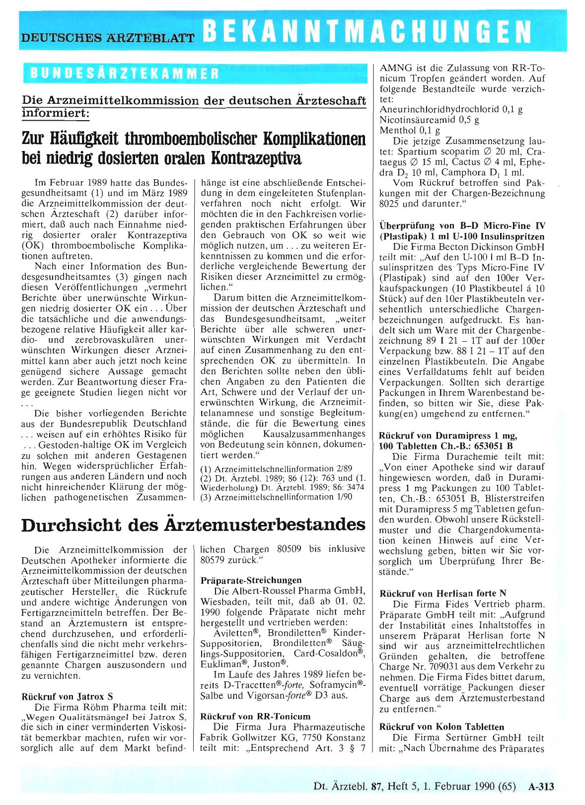 Vorschauseite 1: Die Arzneimittelkommission der deutschen Ärzteschaft informiert: Zur Häufigkeit thromboembolischer Komplikationen bei niedrig dosierten oralen Kontrazeptiva