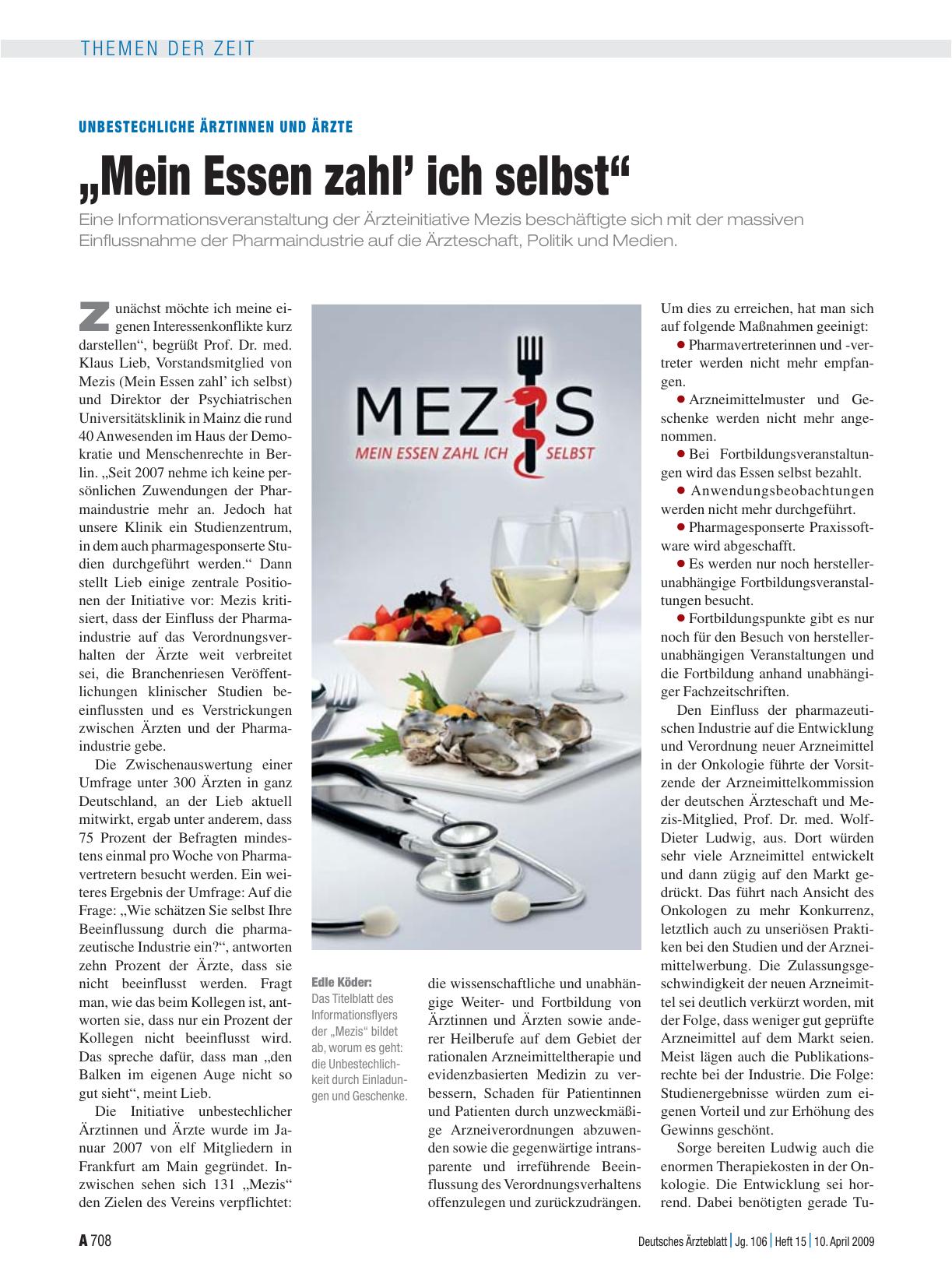 Vorschauseite 1: Unbestechliche Ärztinnen und Ärzte: „Mein Essen zahl’ ich selbst“