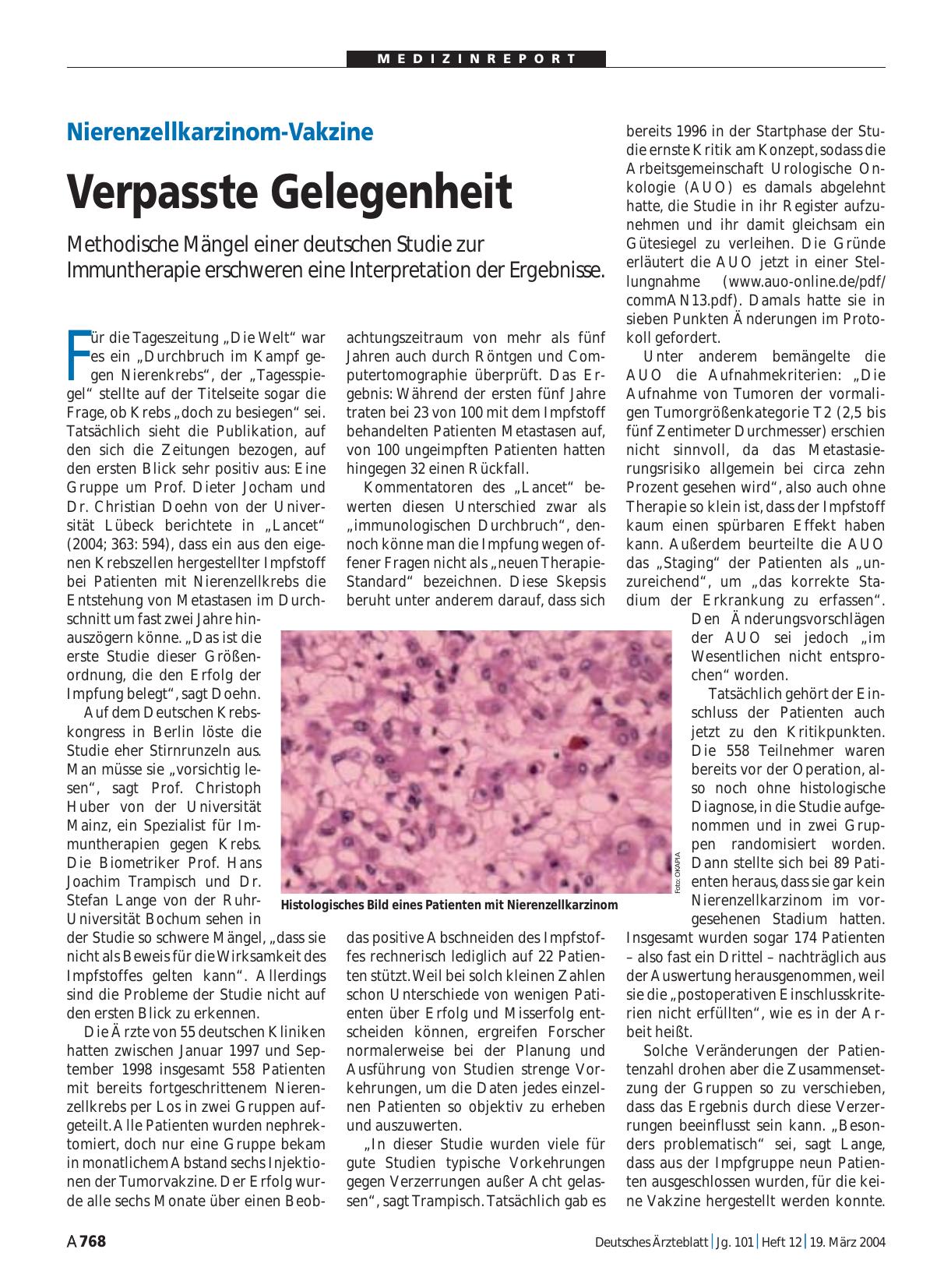 Vorschauseite 1: Nierenzellkarzinom-Vakzine: Verpasste Gelegenheit