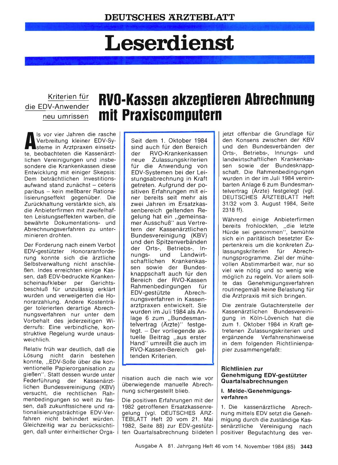 Vorschauseite 1: Kriterien für die EDV-Anwender neu umrissen RVO-Kassen akzeptieren Abrechnung mit Praxiscomputern
