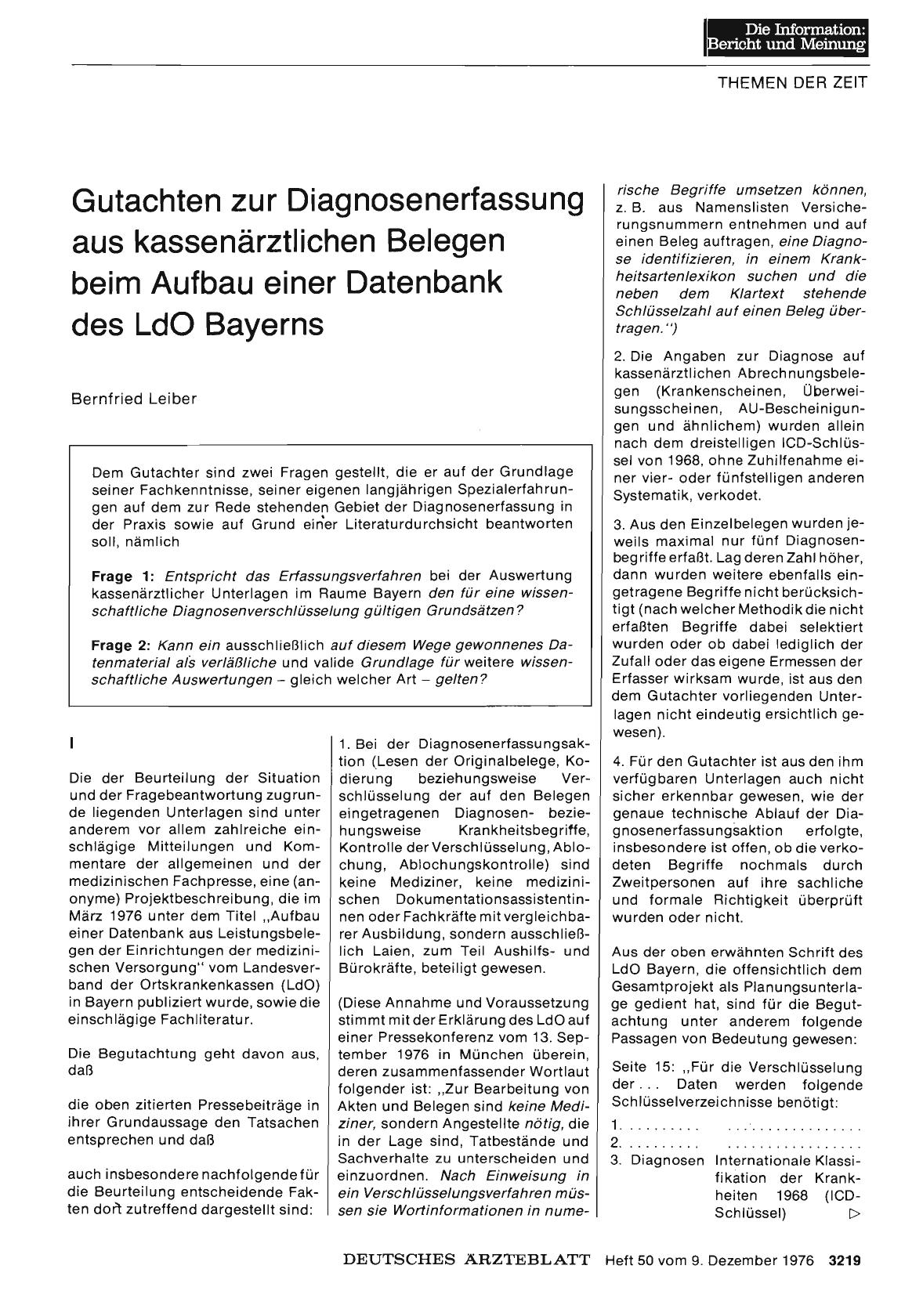 Vorschauseite 1: Gutachten zur Diagnosenerfassung aus kassenärztlichen Belegen beim Aufbau einer Datenbank des Ld0 Bayerns - Teil 1
