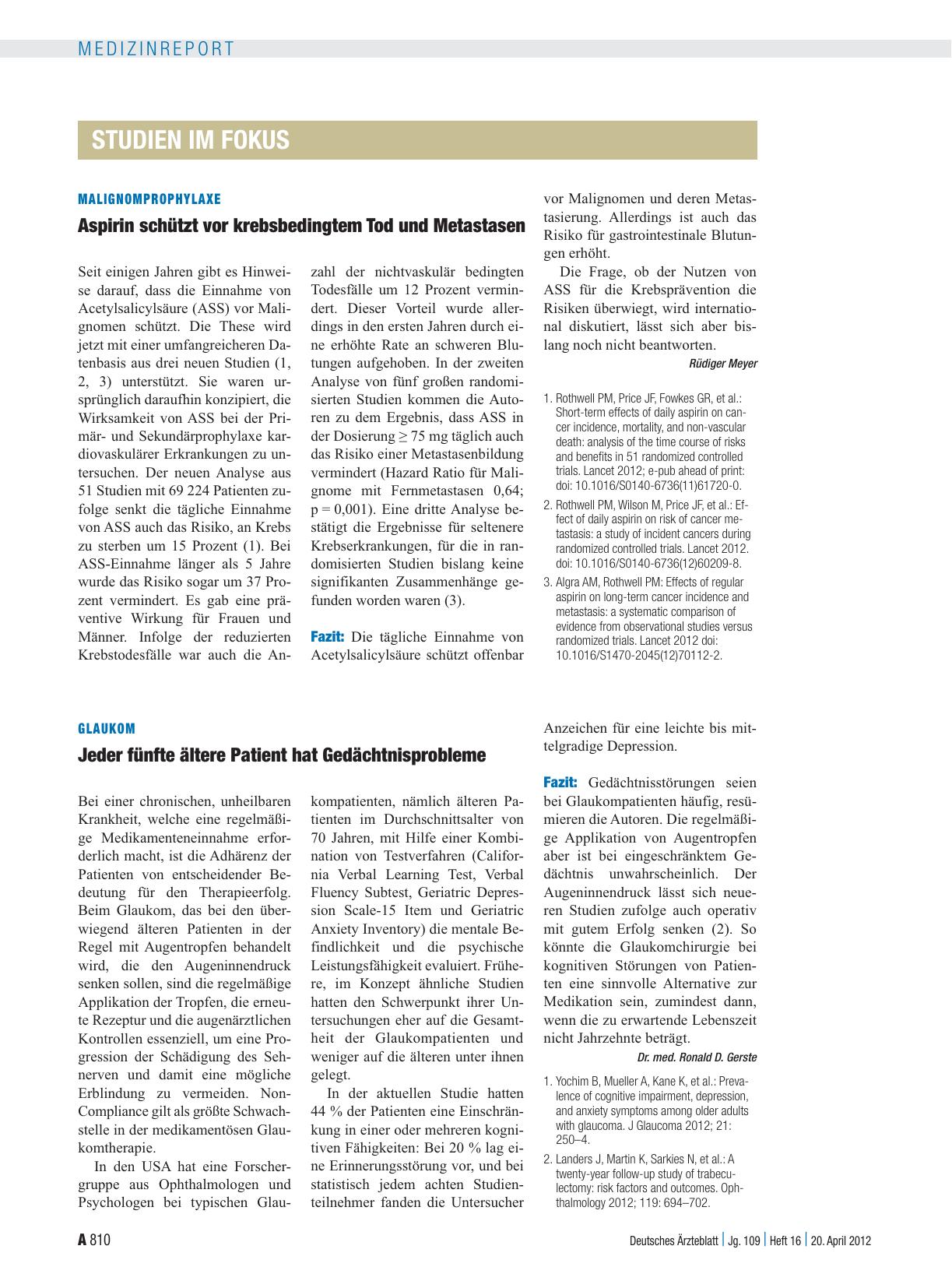 Vorschauseite 1: Malignomprophylaxe: Aspirin schützt vor krebsbedingtem Tod und Metastasen