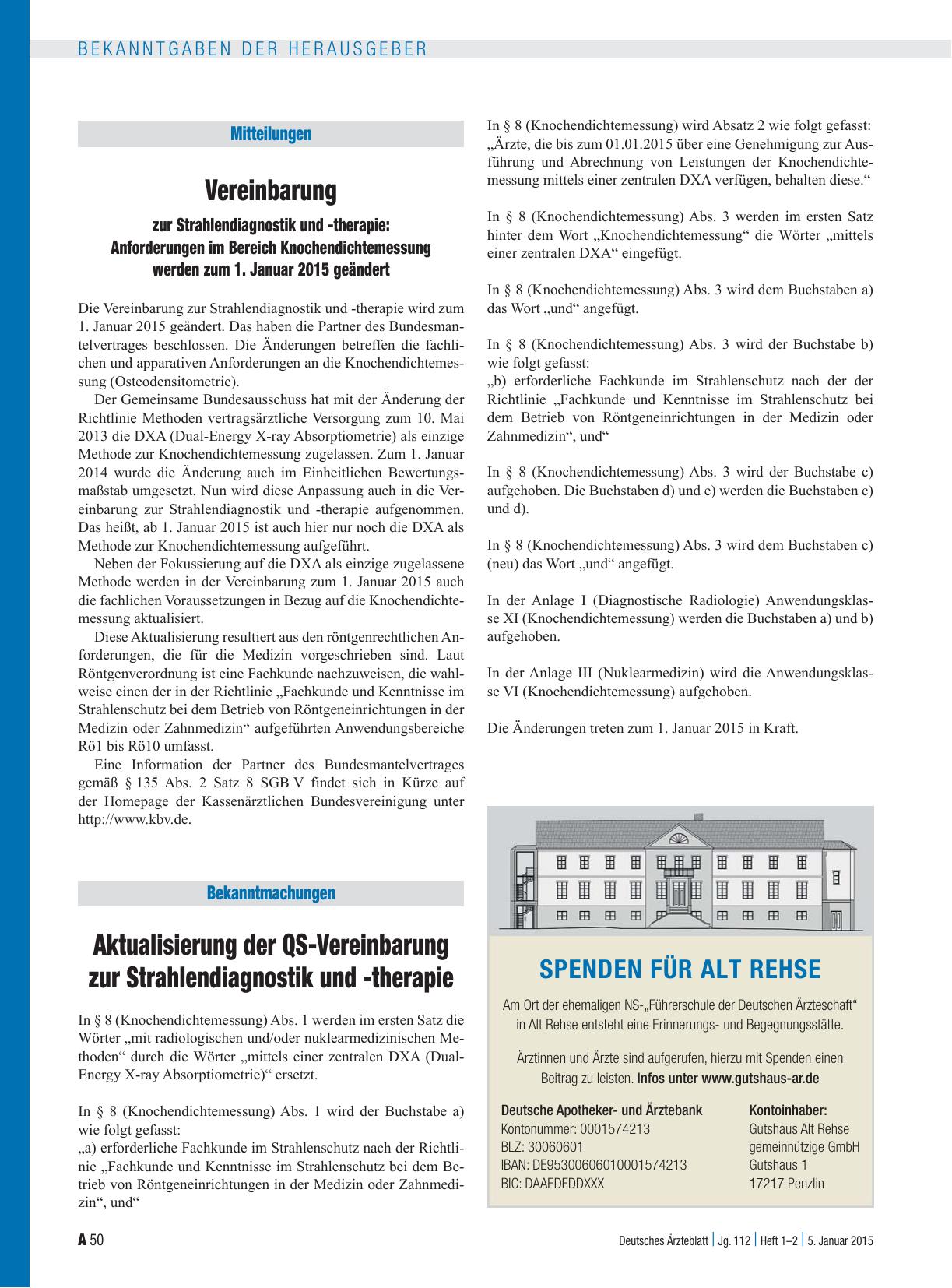 Vorschauseite 1: Vereinbarung zur Strahlendiagnostik und -therapie: Anforderungen im Bereich Knochendichtemessung werden zum 1. Januar 2015 geändert | Aktualisierung der QS-Vereinbarung zur Strahl…