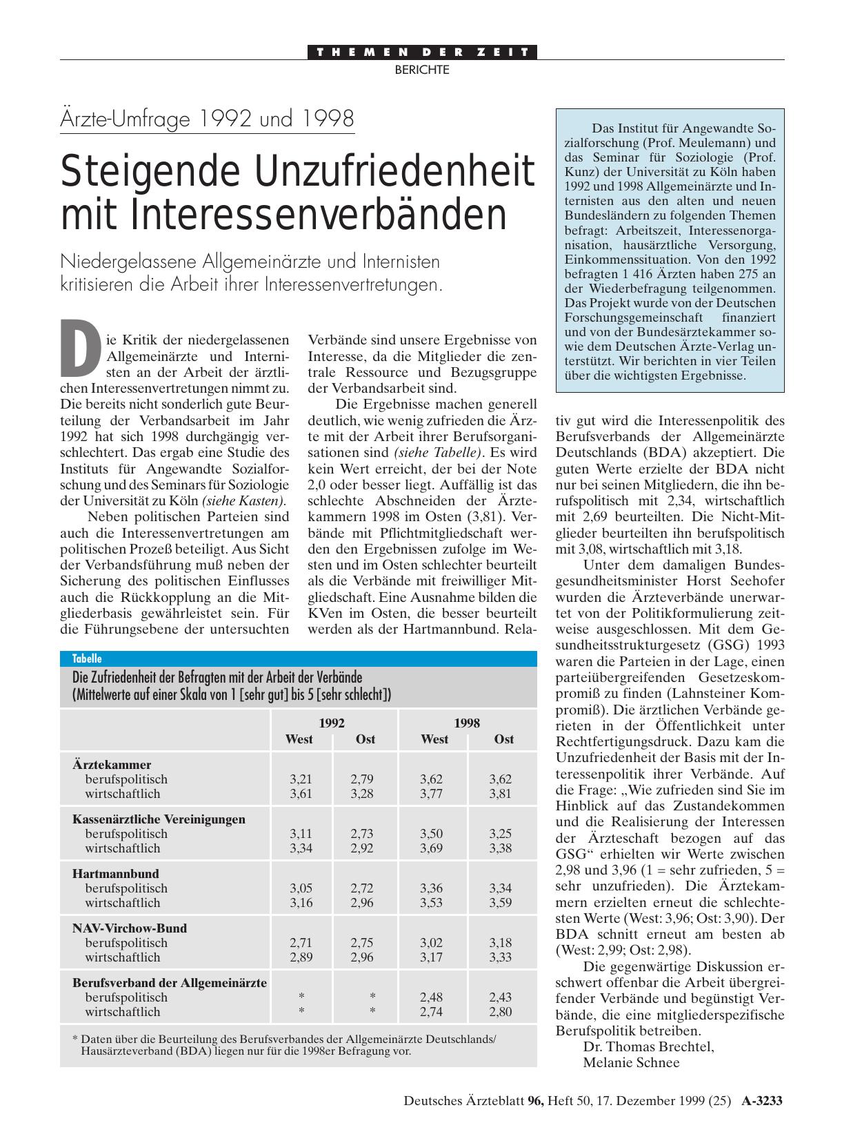 Vorschauseite 1: Ärzte-Umfrage 1992 und 1998: Steigende Unzufriedenheit mit Interessenverbänden